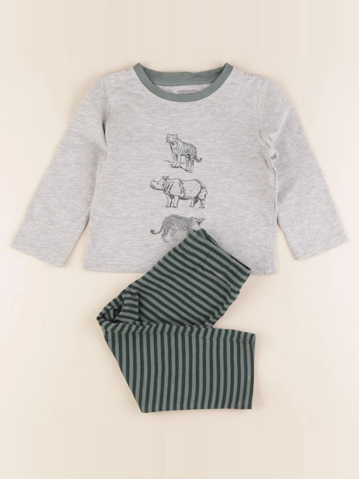 Vertbaudet - pyjama coton vert, gris - 2 ans