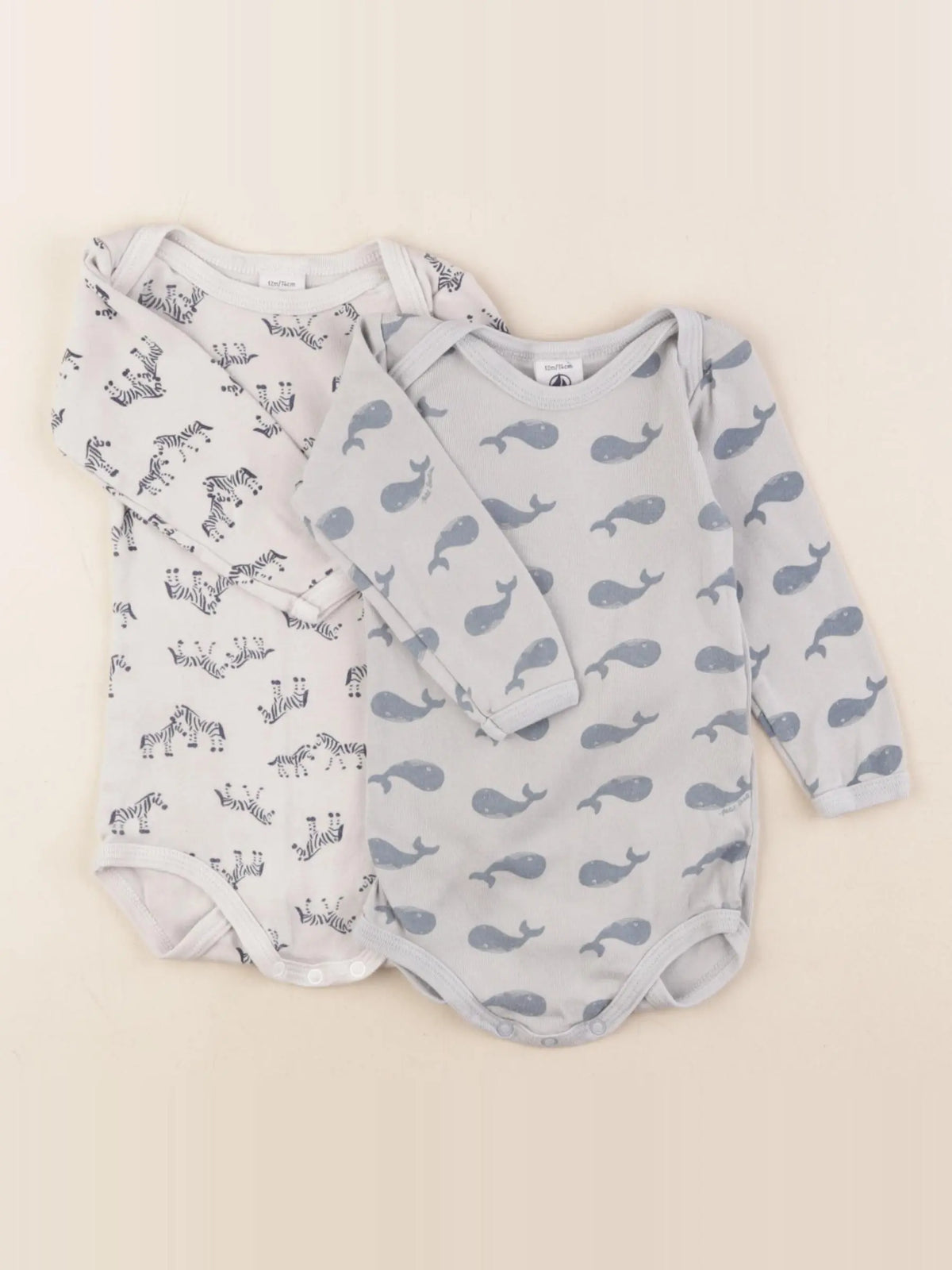Petit Bateau - lot de 2 bodies en coton gris, bleu - 12 mois
