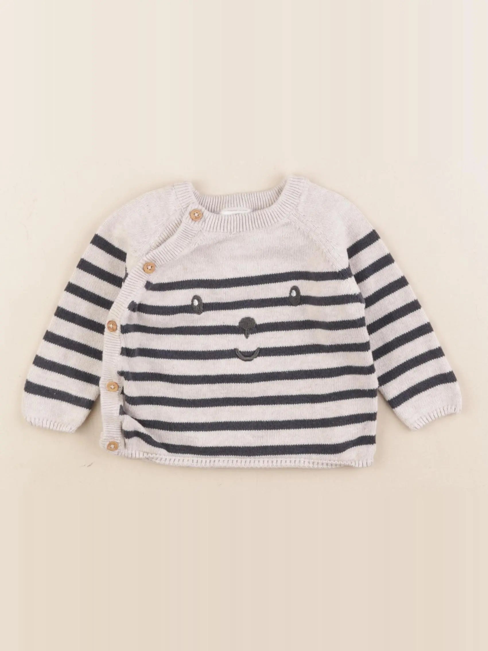 Vertbaudet - pull beige, bleu - 6 mois