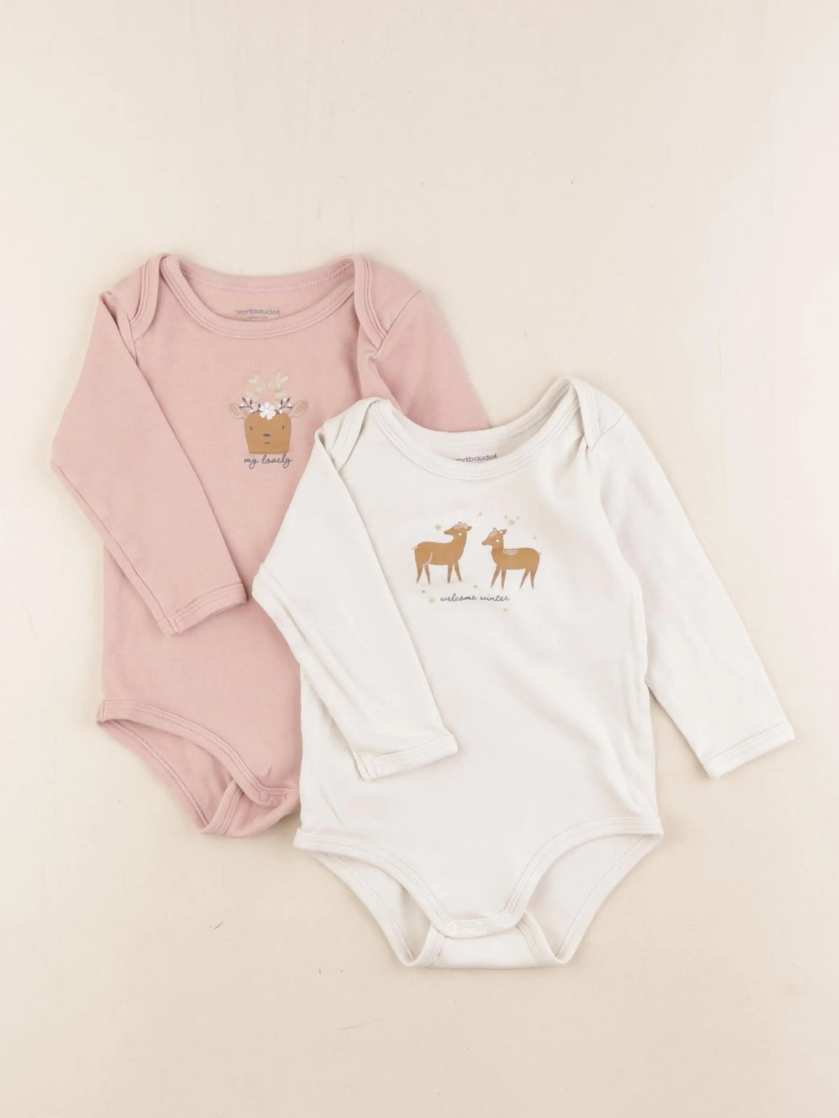Vertbaudet - lot de 2 bodies en coton rose, beige - 18 mois