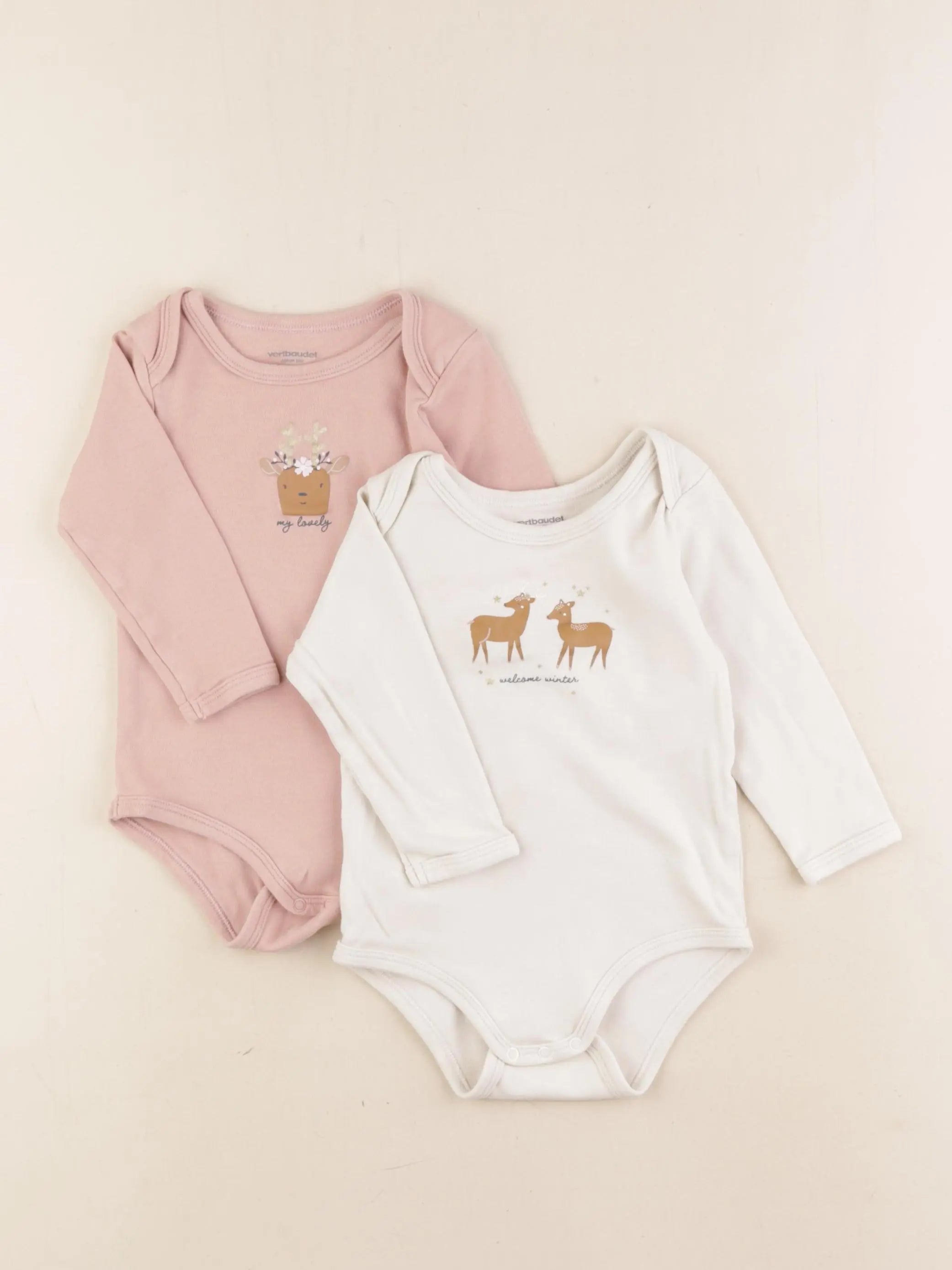 Vertbaudet - lot de 2 bodies en coton rose, beige - 18 mois