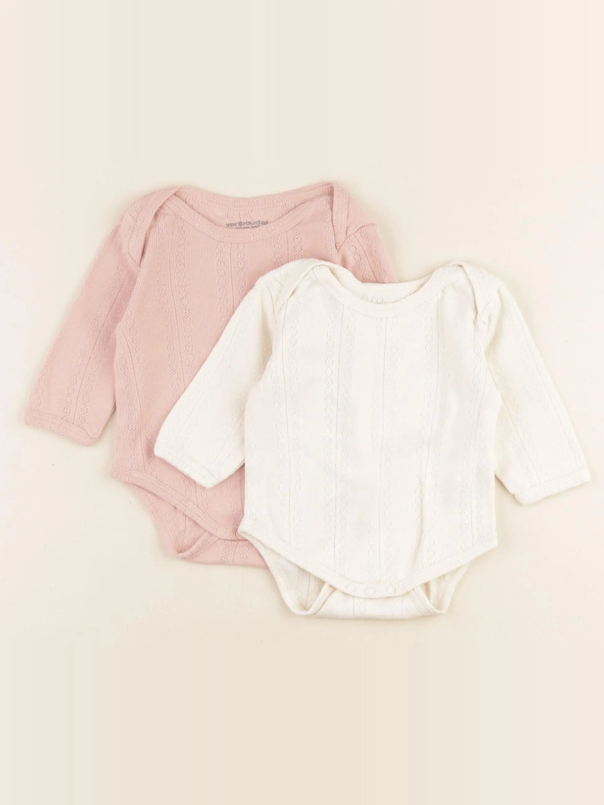 Vertbaudet - lot de 2 bodies en coton beige, rose - 3 mois