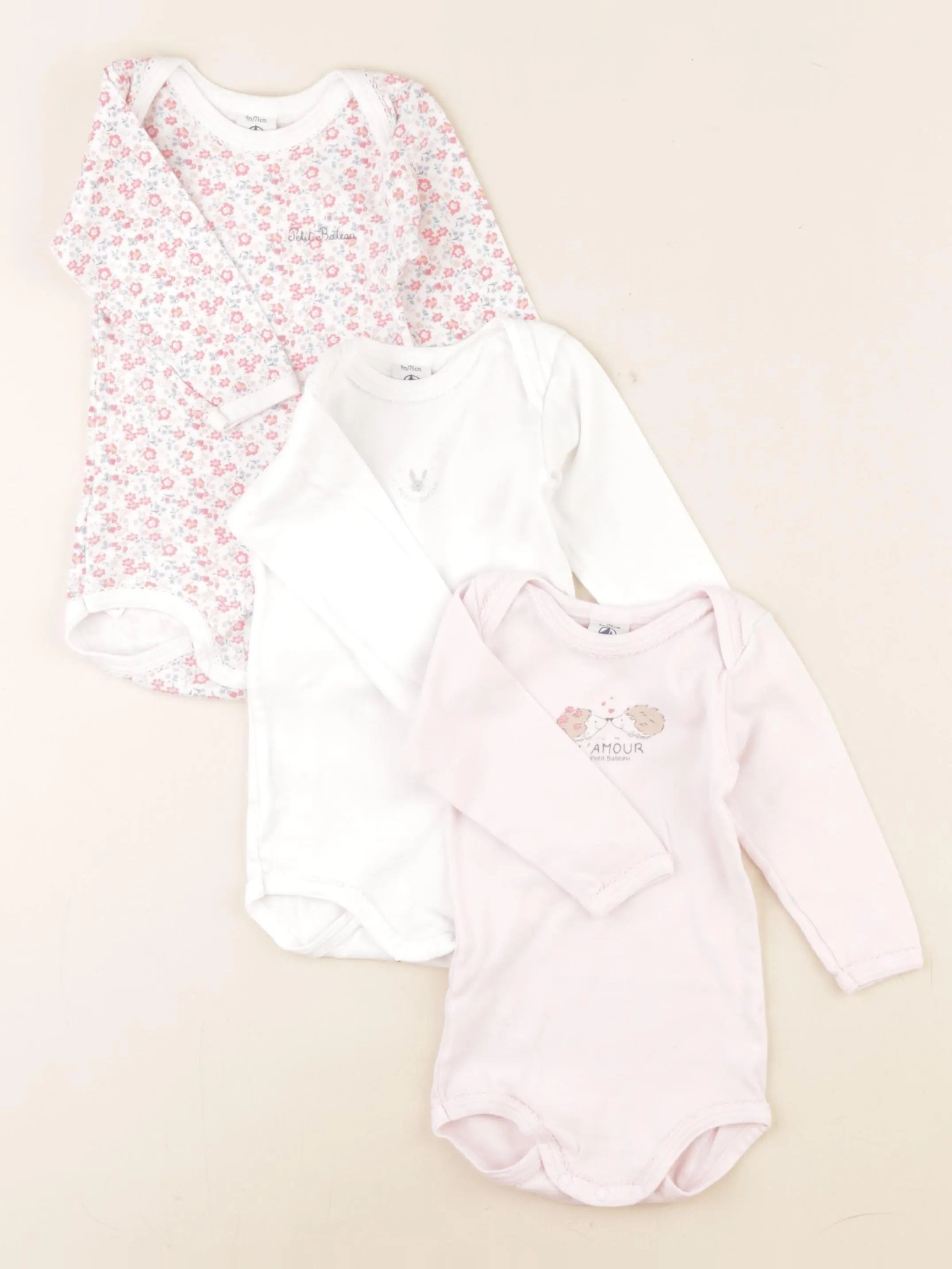 Petit Bateau - lot de 3 bodies en coton rose - 9 mois
