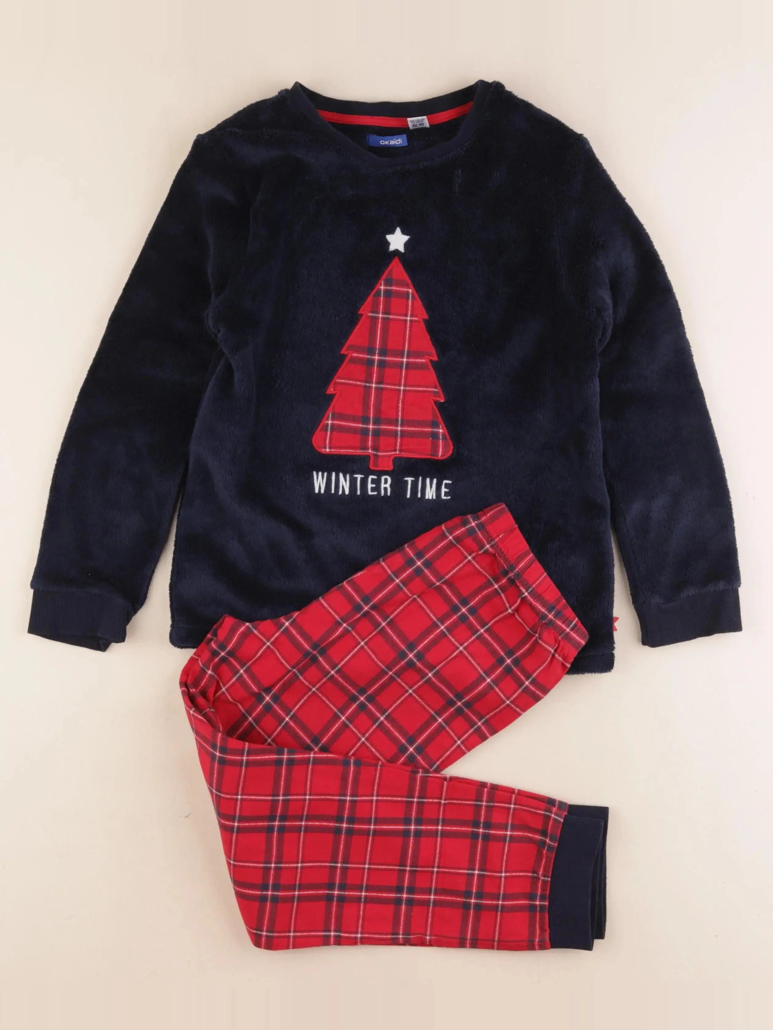 Okaidi - pyjama velours bleu, rouge - 8 ans