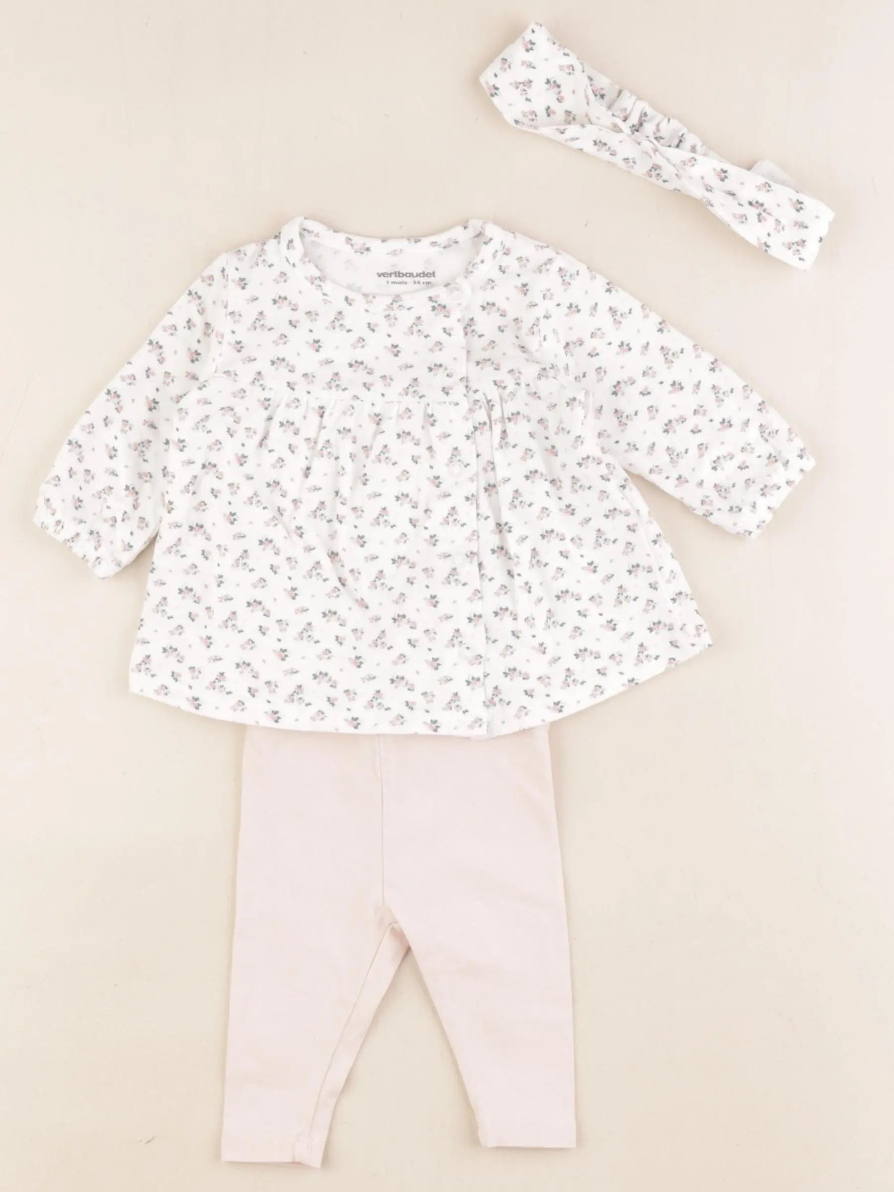 Vertbaudet - ensemble rose, blanc - 1 mois