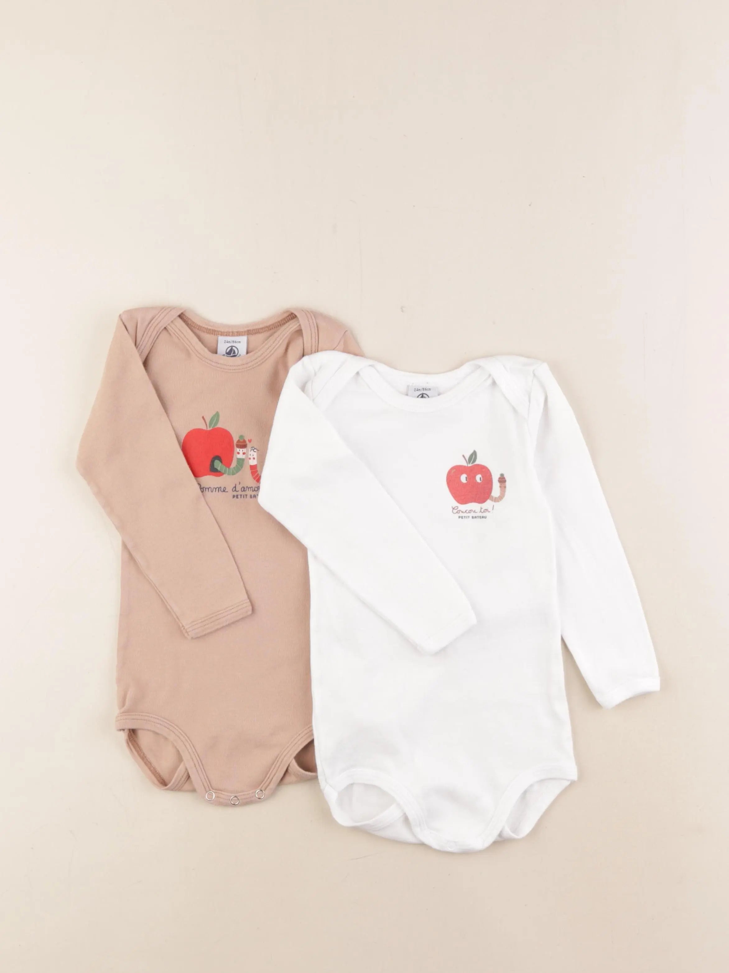 Petit Bateau - lot de 2 bodies en coton blanc, beige - 24 mois