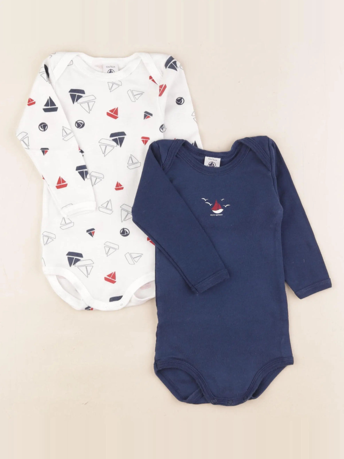 Petit Bateau - lot de 2 bodies en coton blanc, bleu - 12 mois