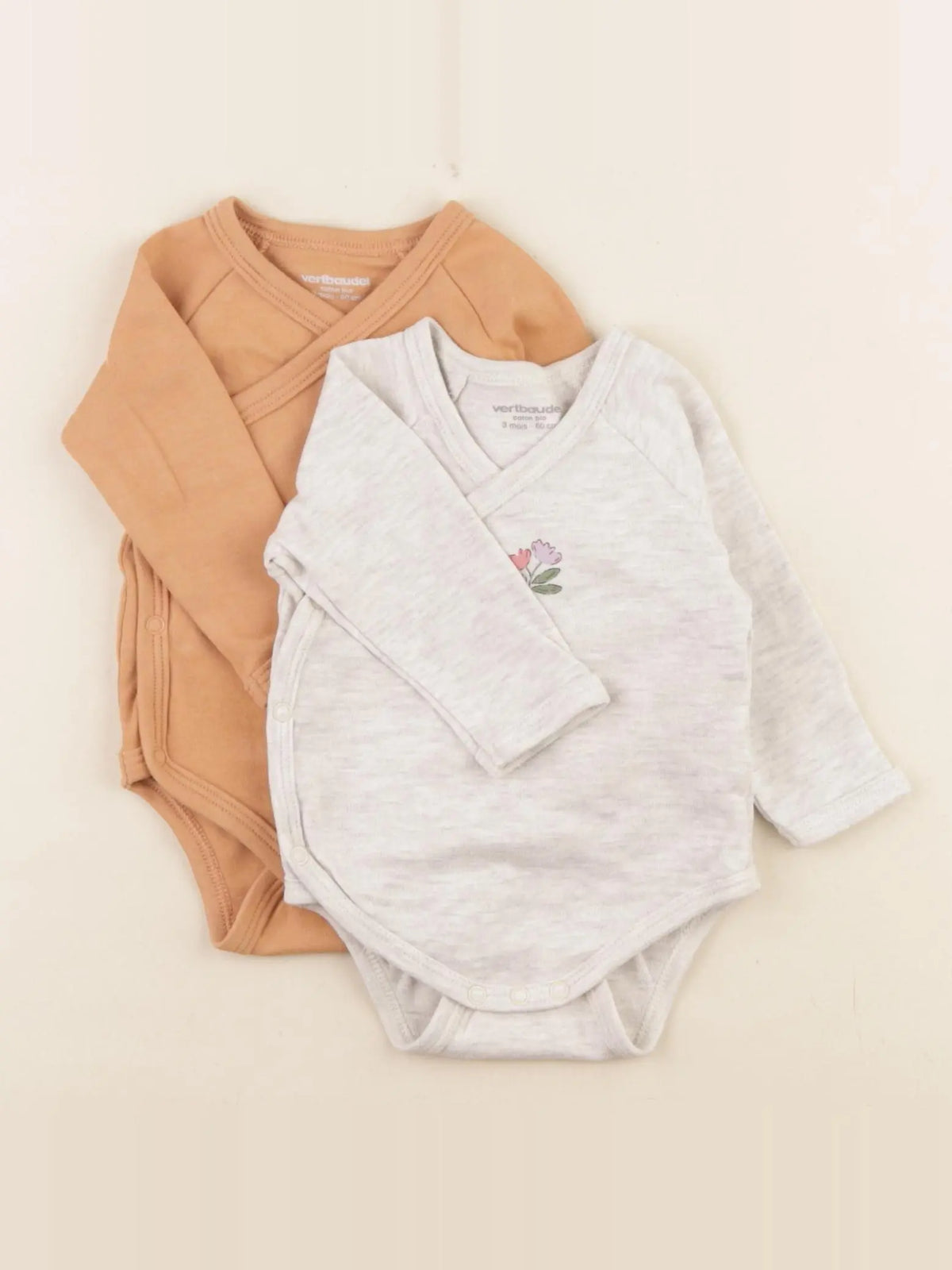 Vertbaudet - lot de 2 bodies en coton gris, marron - 3 mois