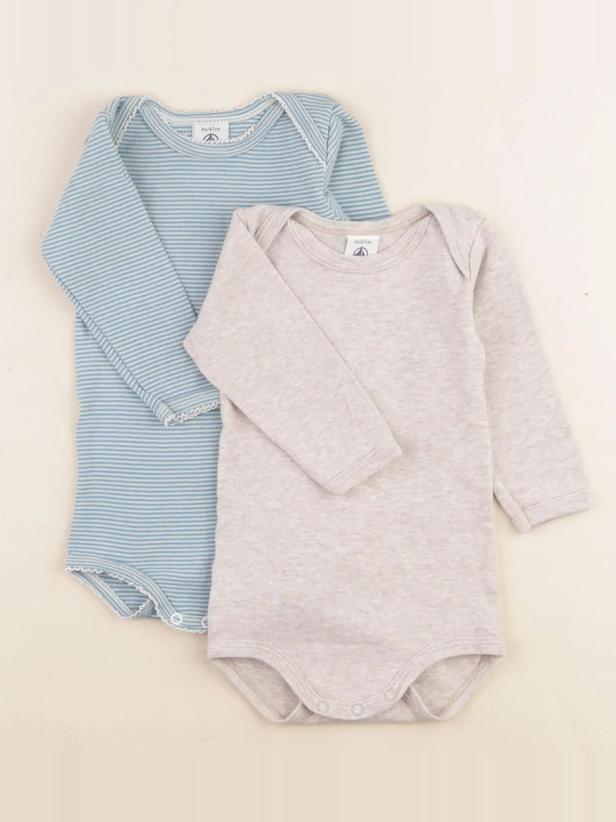 Petit Bateau - lot de 2 bodies en coton beige, bleu - 6 mois