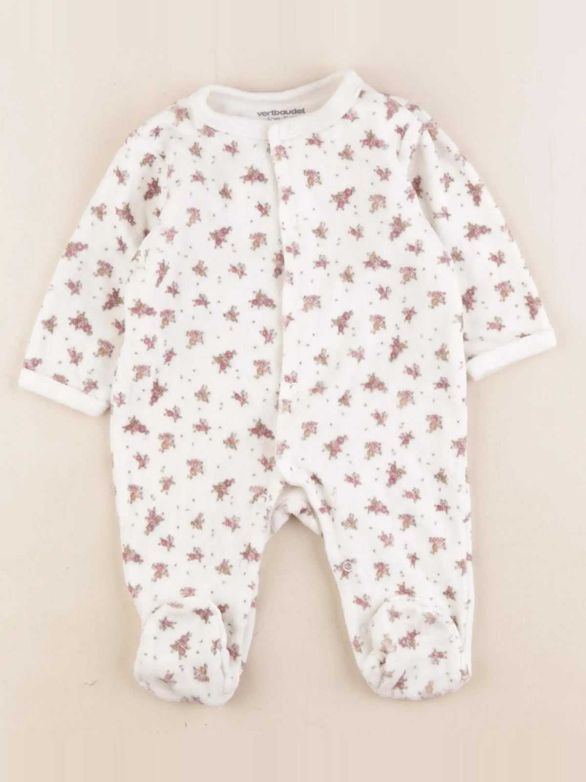 Vertbaudet - pyjama velours beige, rose - 3 mois