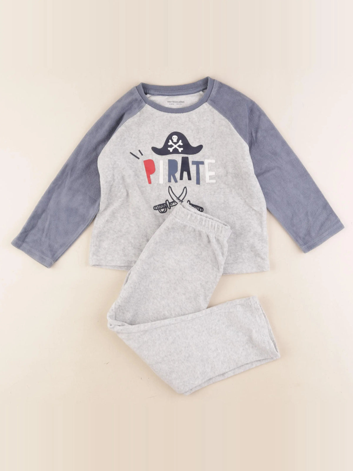 Vertbaudet - pyjama velours bleu, gris - 4 ans