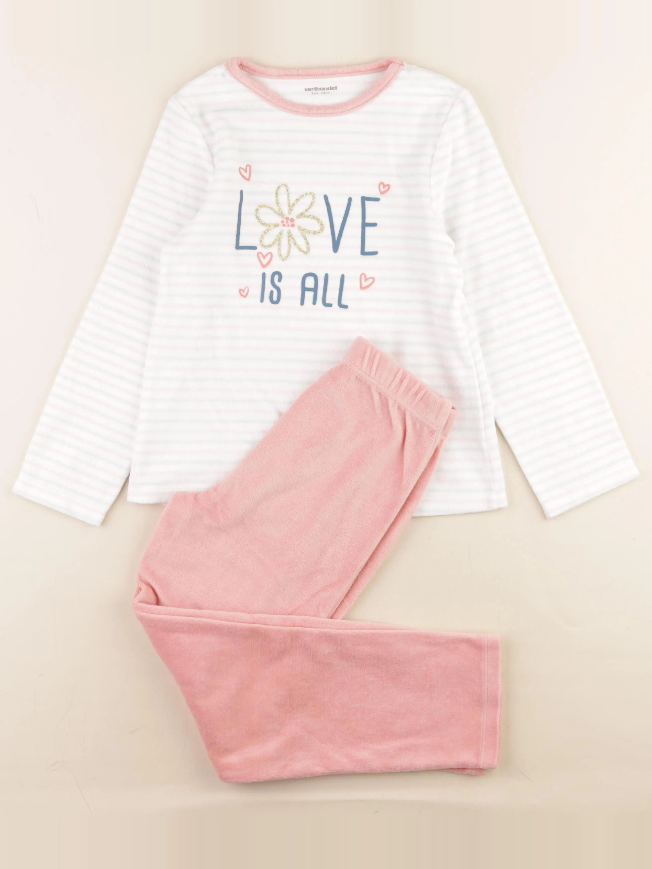Vertbaudet - pyjama velours blanc, rose - 8 ans