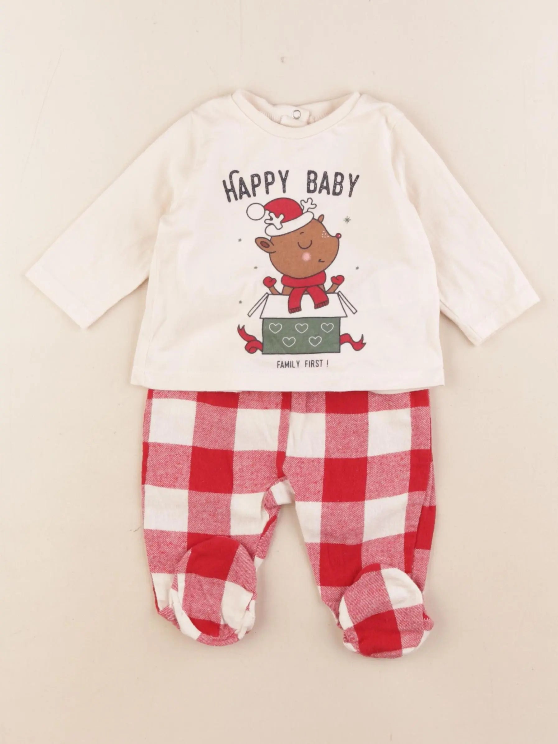 Vertbaudet - pyjama coton rouge, beige - 3 mois