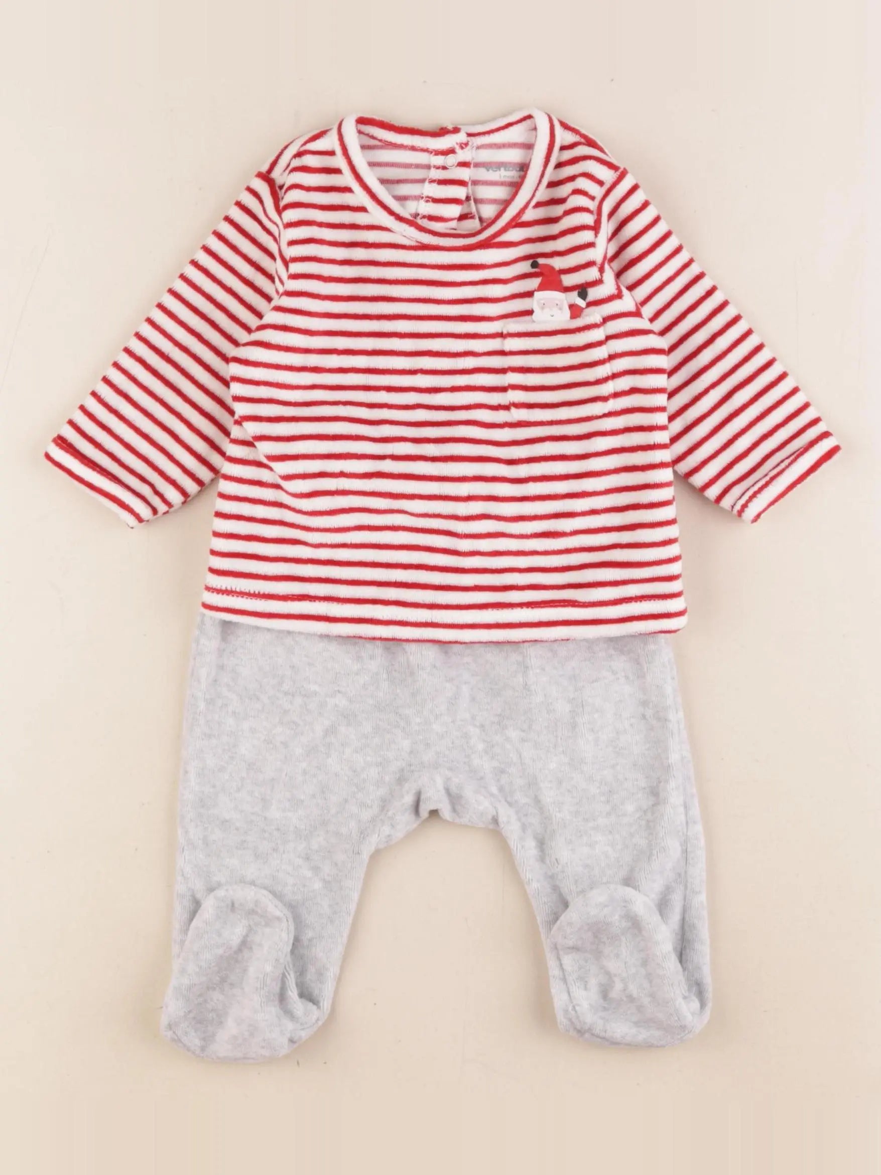 Vertbaudet - pyjama velours rouge, gris - 3 mois
