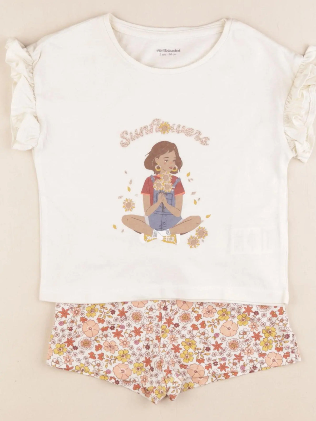 Vertbaudet - pyjama coton beige, rose - 2 ans