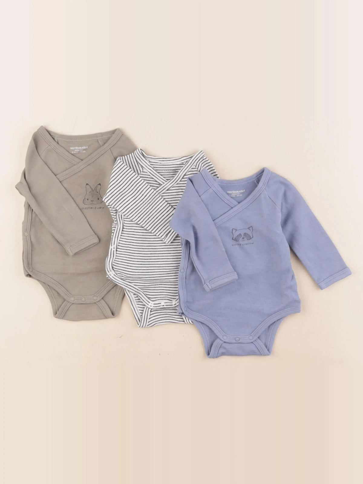 Vertbaudet - lot de 3 bodies en coton bleu, vert, blanc - 3 mois