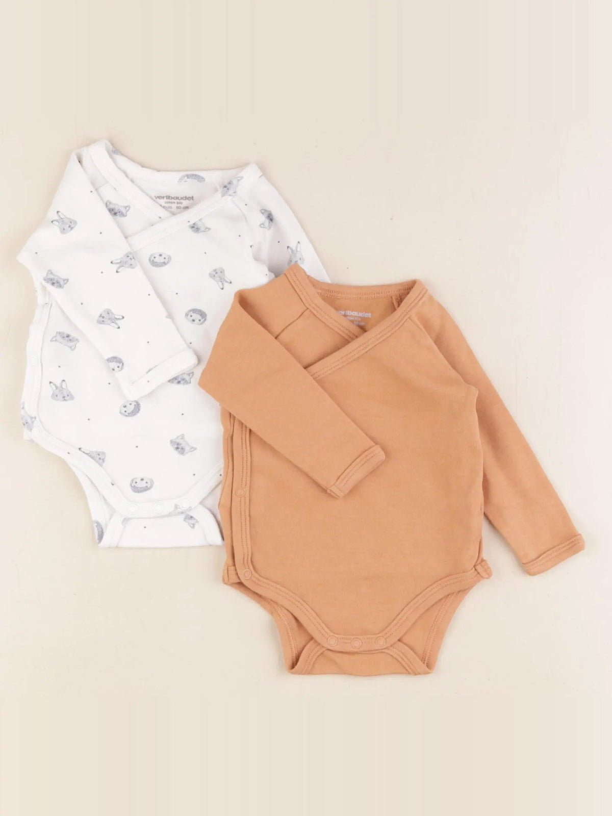 Vertbaudet - lot de 2 bodies en coton bleu, marron - 3 mois