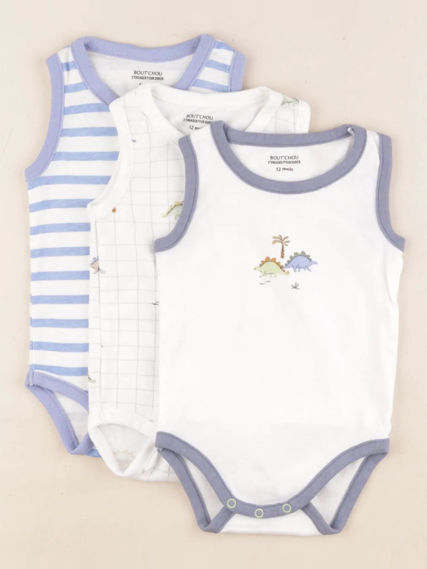 Boutchou - lot de 3 bodies en coton bleu, blanc - 12 mois