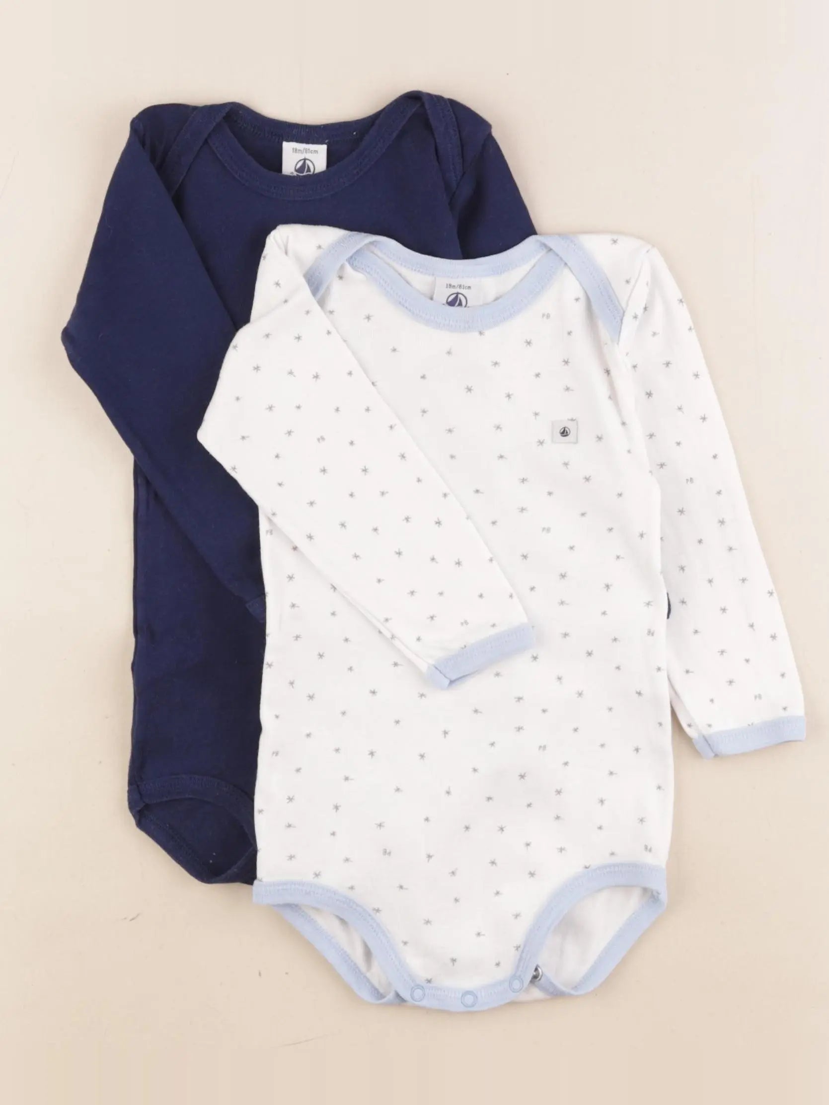Petit Bateau - lot de 2 bodies en coton blanc, bleu - 18 mois