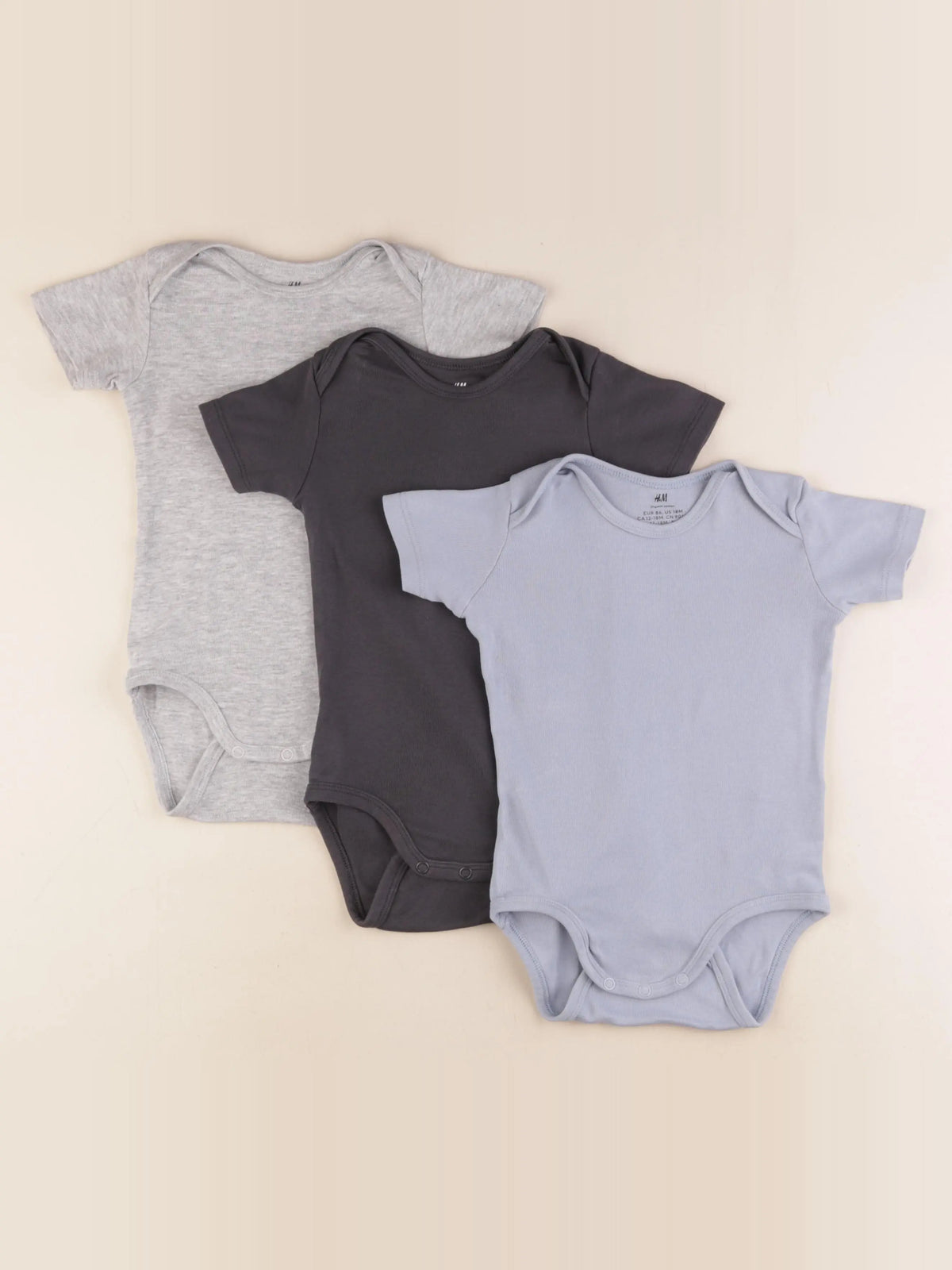 H&M - lot de 3 bodies en coton bleu, gris - 12/18 mois