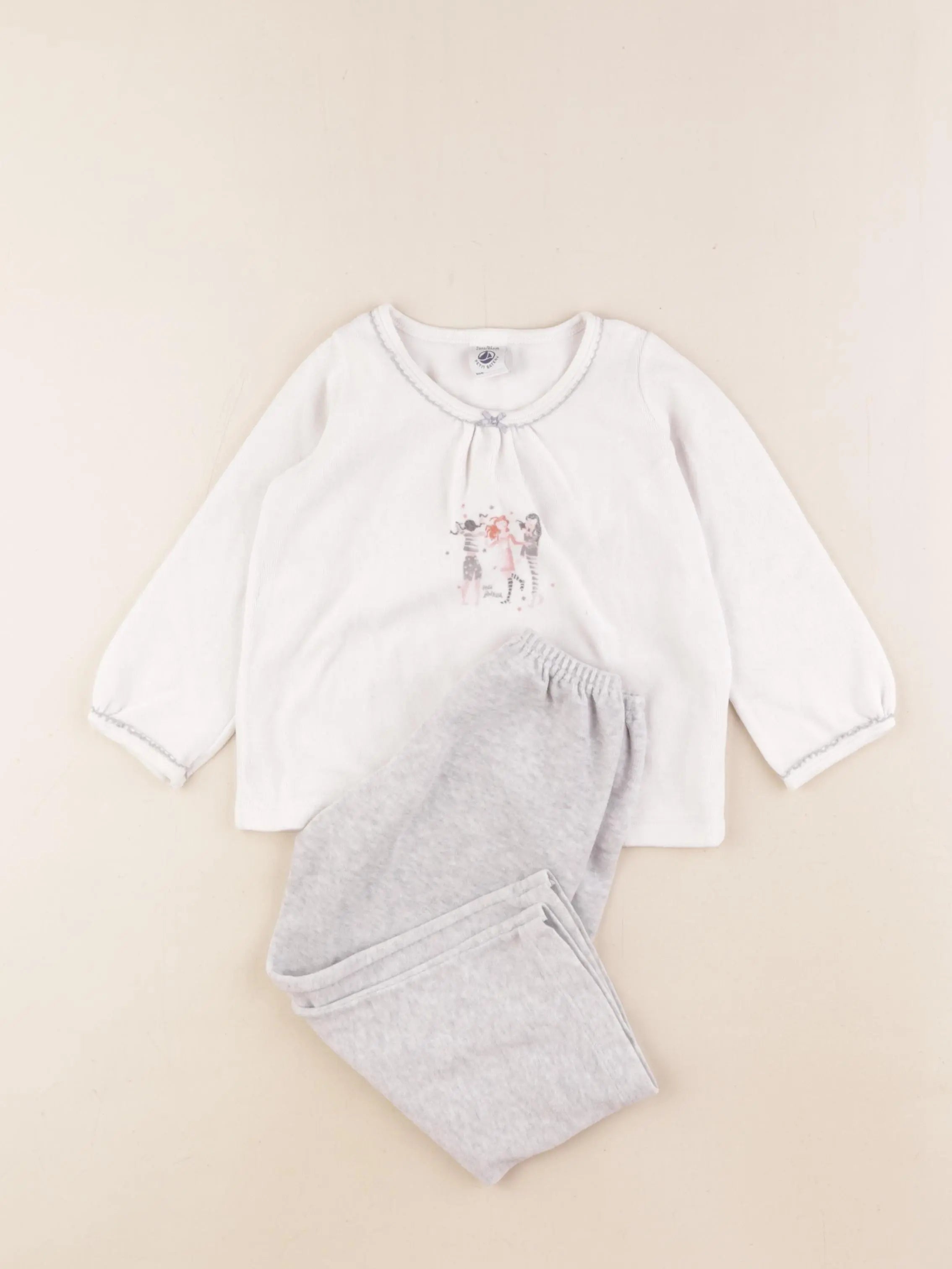Petit Bateau - pyjama velours gris, blanc - 2 ans