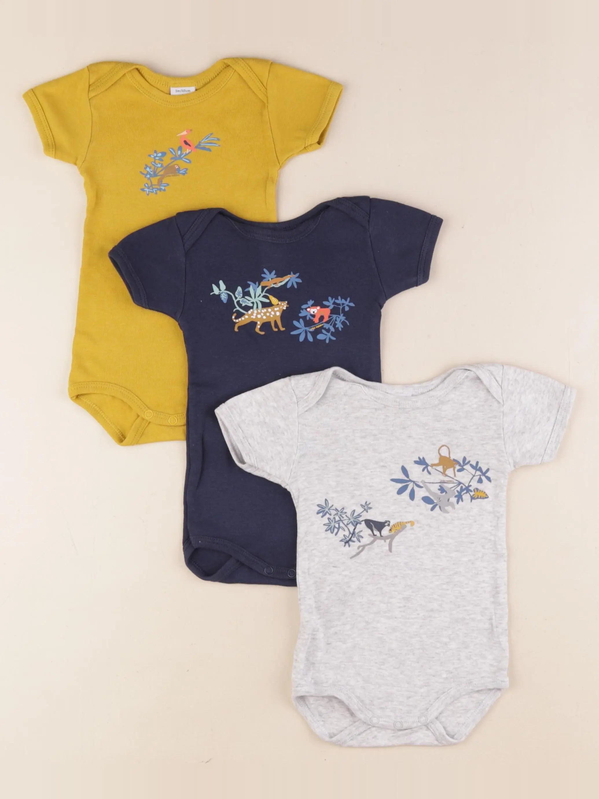 Petit Bateau - lot de 3 bodies en coton gris, jaune - 3 mois