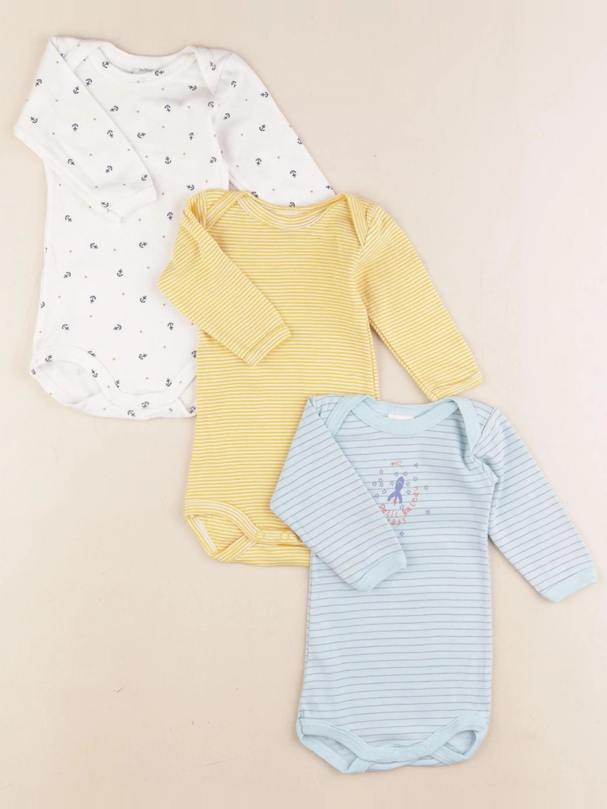 Petit Bateau - lot de 3 bodies en coton jaune, bleu - 3 mois