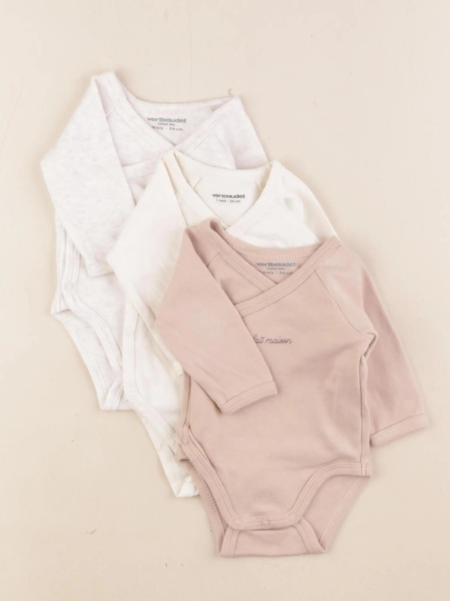 Vertbaudet - lot de 3 bodies en coton velours blanc, beige - 1 mois