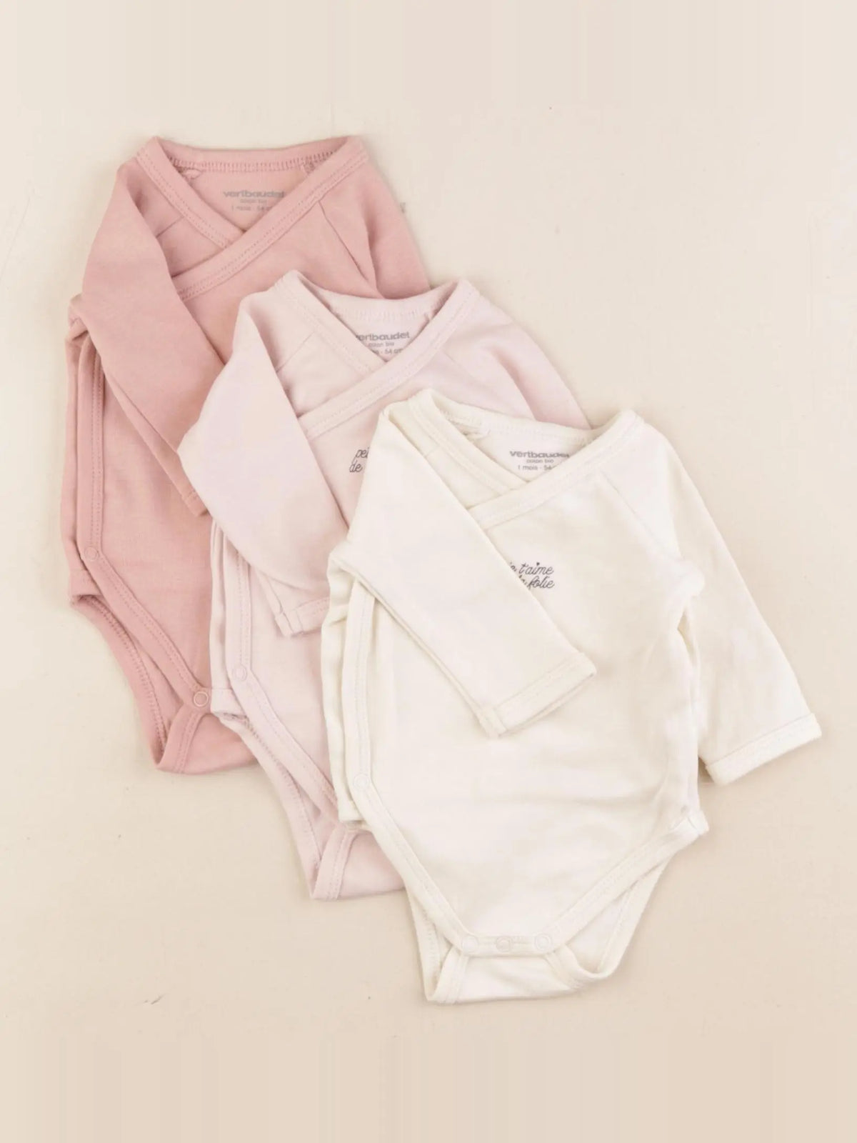 Vertbaudet - lot de 3 bodies en coton velours beige, rose - 1 mois