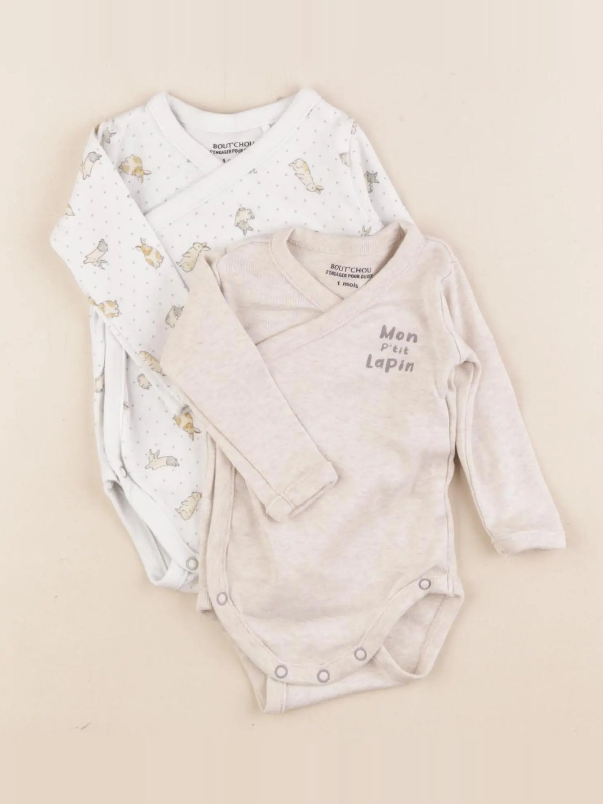 Boutchou - lot de 2 bodies en coton beige - 1 mois