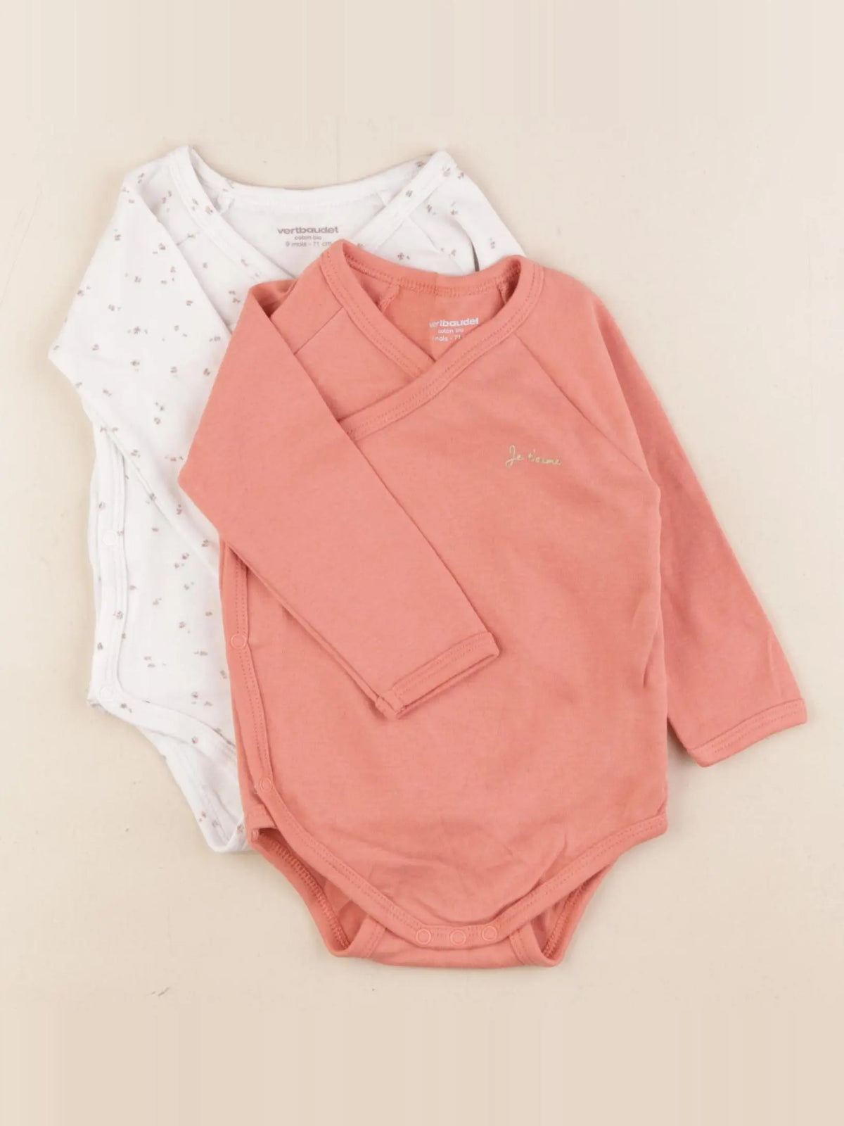Vertbaudet - lot de 2 bodies en coton velours rose - 9 mois