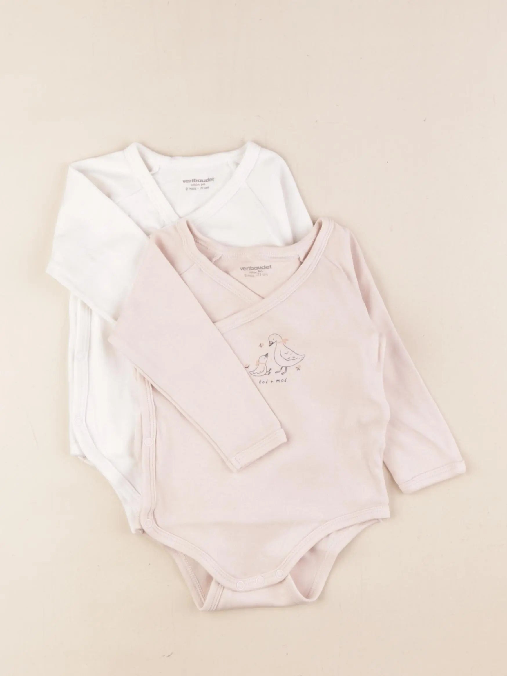 Vertbaudet - lot de 2 bodies en coton velours rose - 9 mois