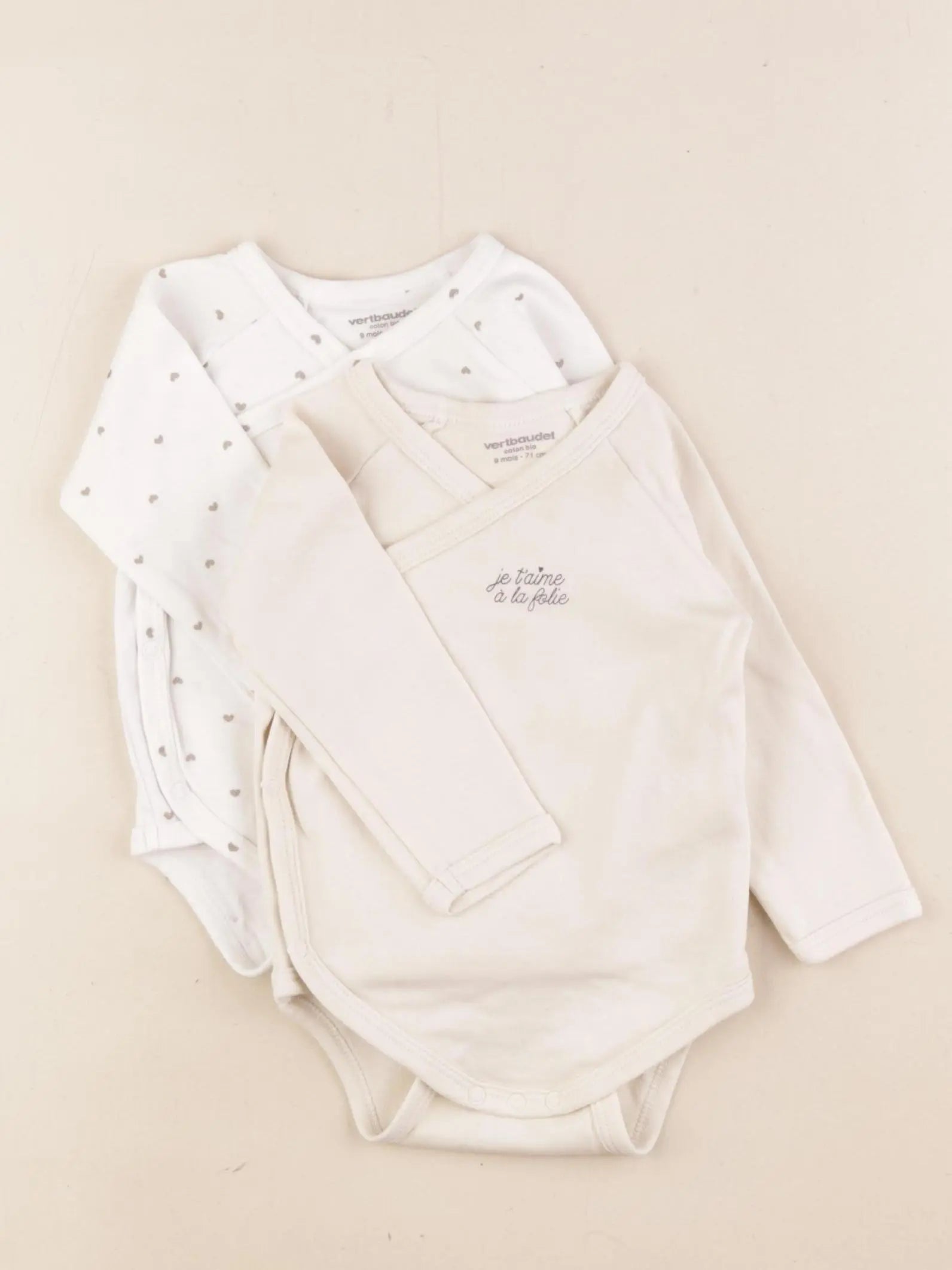 Vertbaudet - lot de 2 bodies en coton velours beige - 9 mois