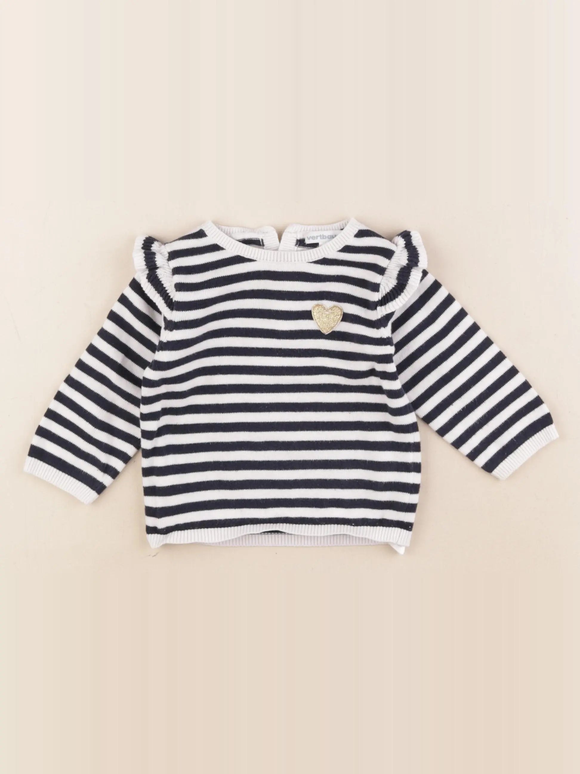 Vertbaudet - pull bleu, blanc, or - 9 mois