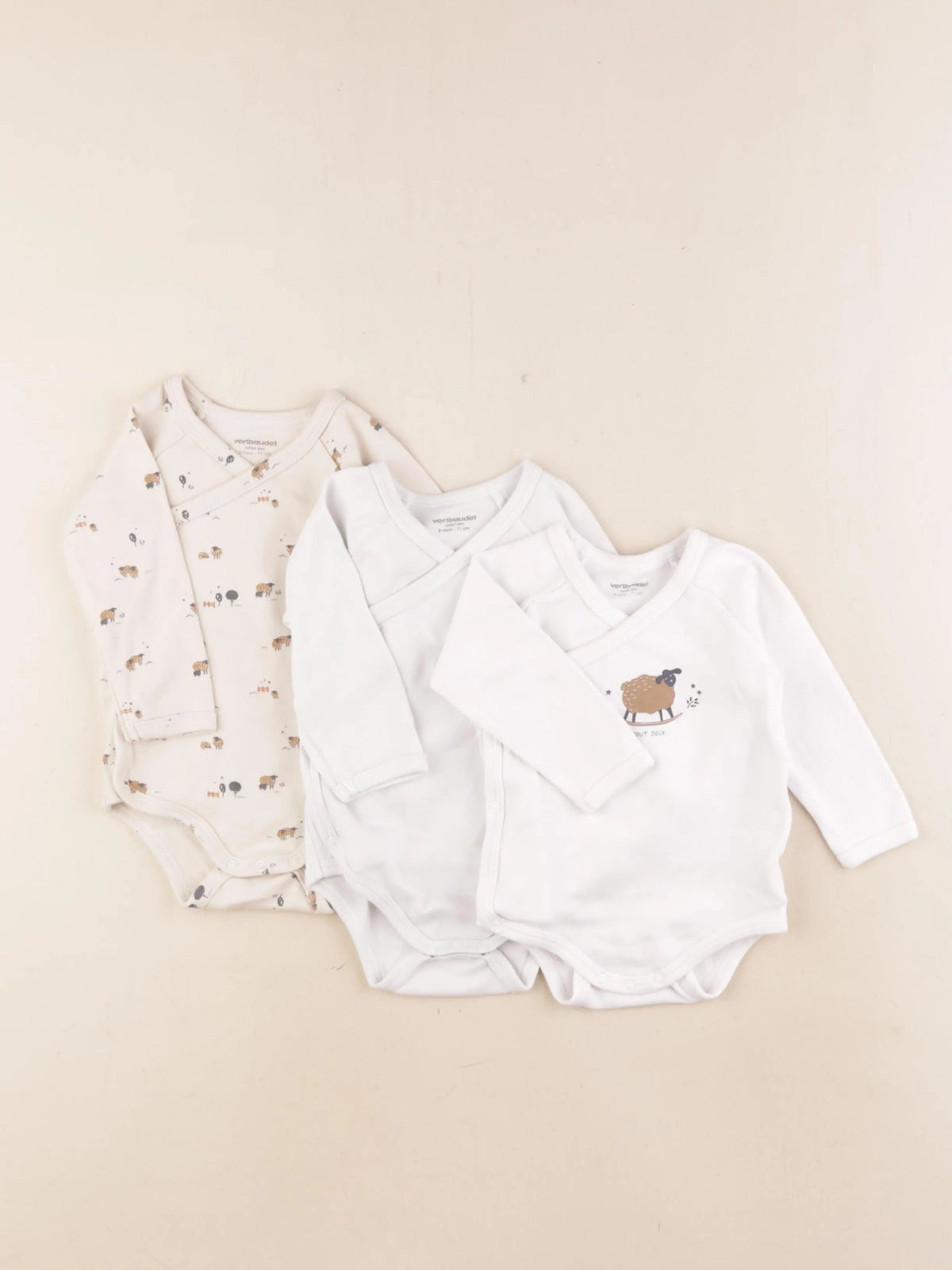 Vertbaudet - lot de 3 bodies en coton blanc, beige - 9 mois