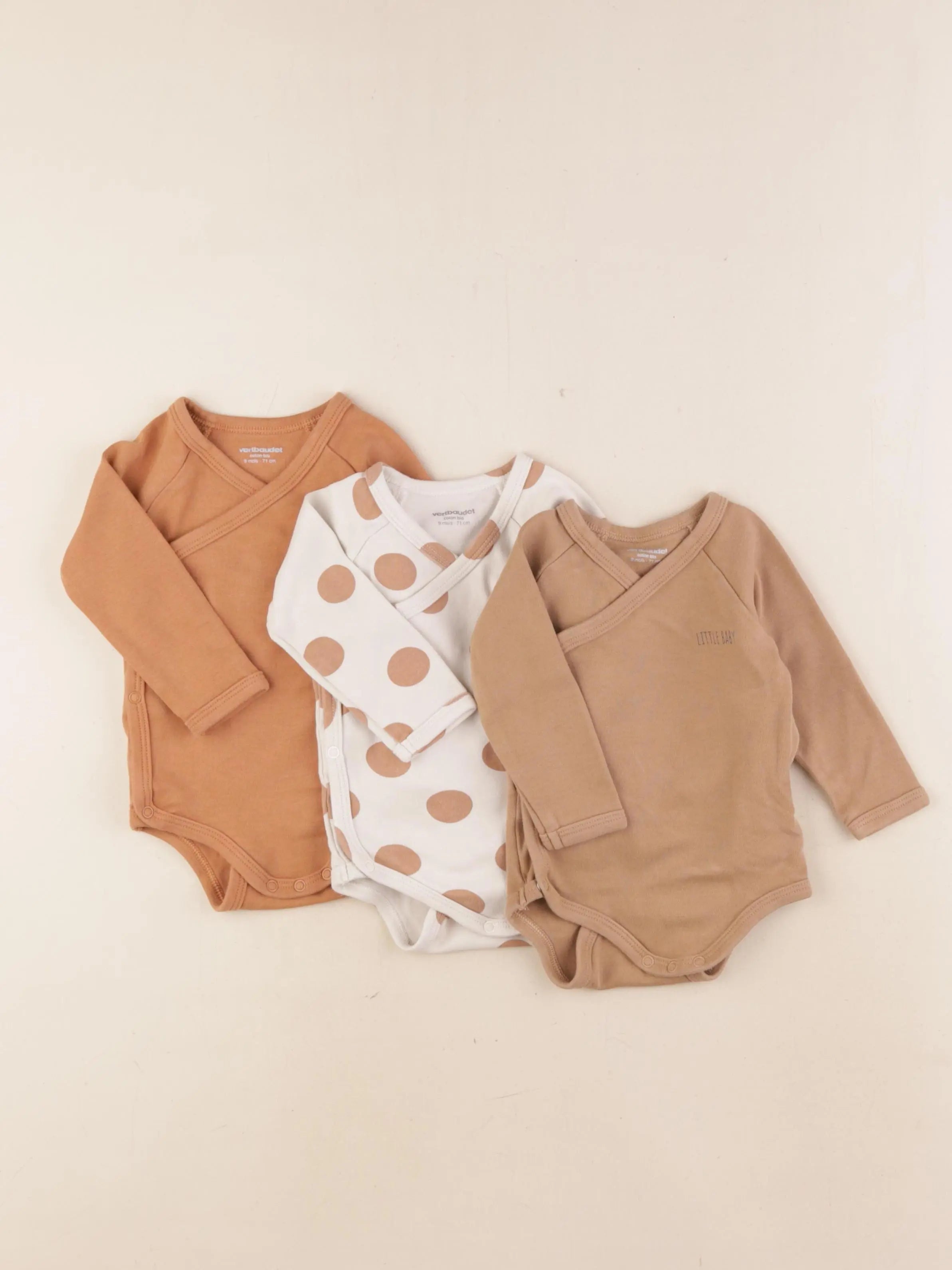 Vertbaudet - lot de 3 bodies en coton blanc, marron - 9 mois