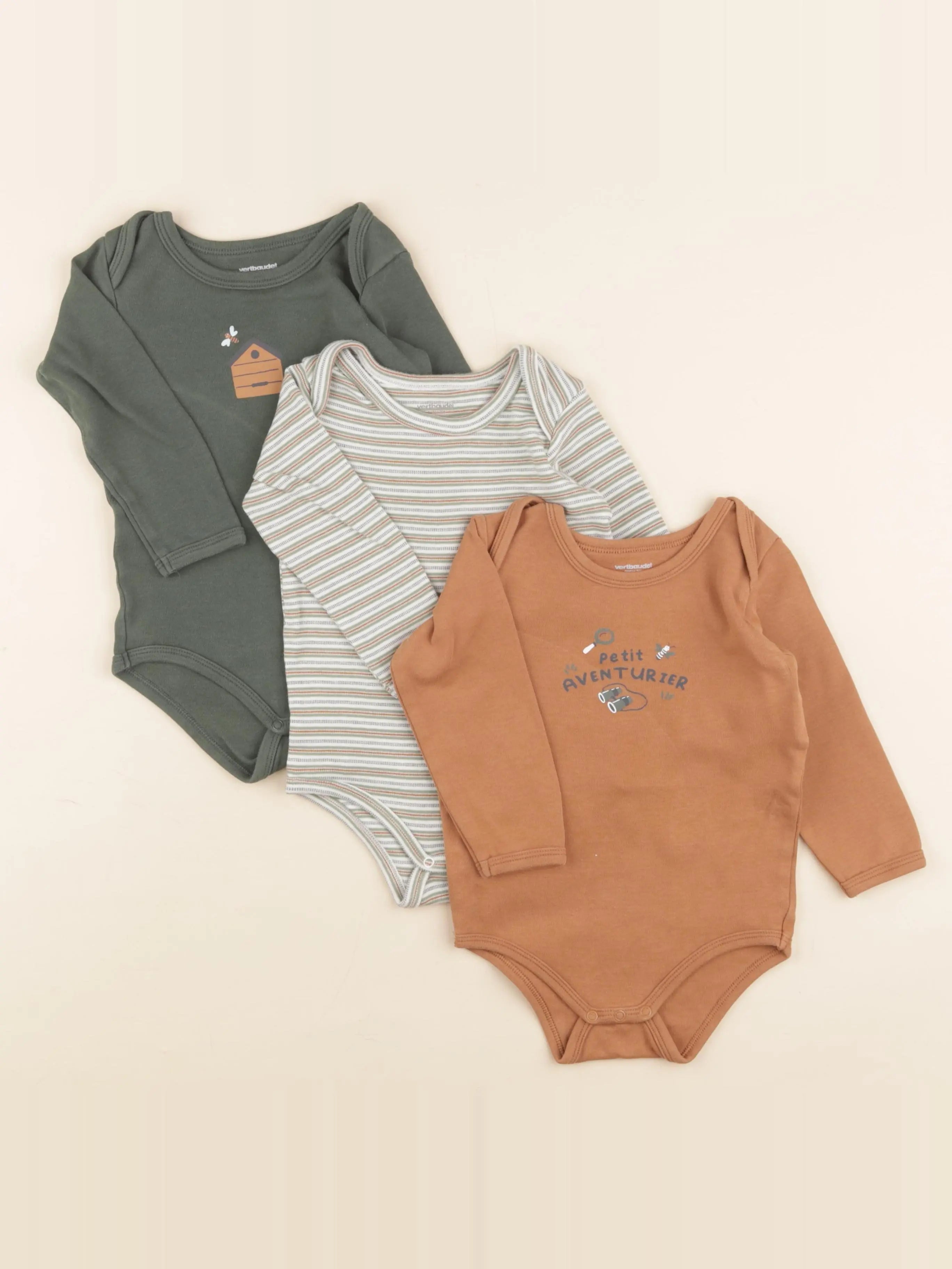 Vertbaudet - lot de 3 bodies en coton vert, marron - 24 mois