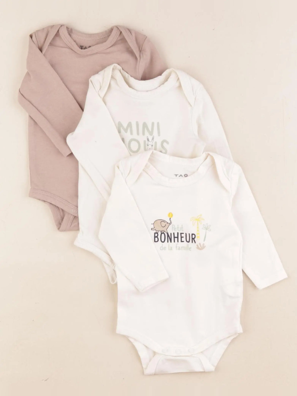 Tape à l'oeil - lot de 3 bodies en coton beige, marron - 1 mois