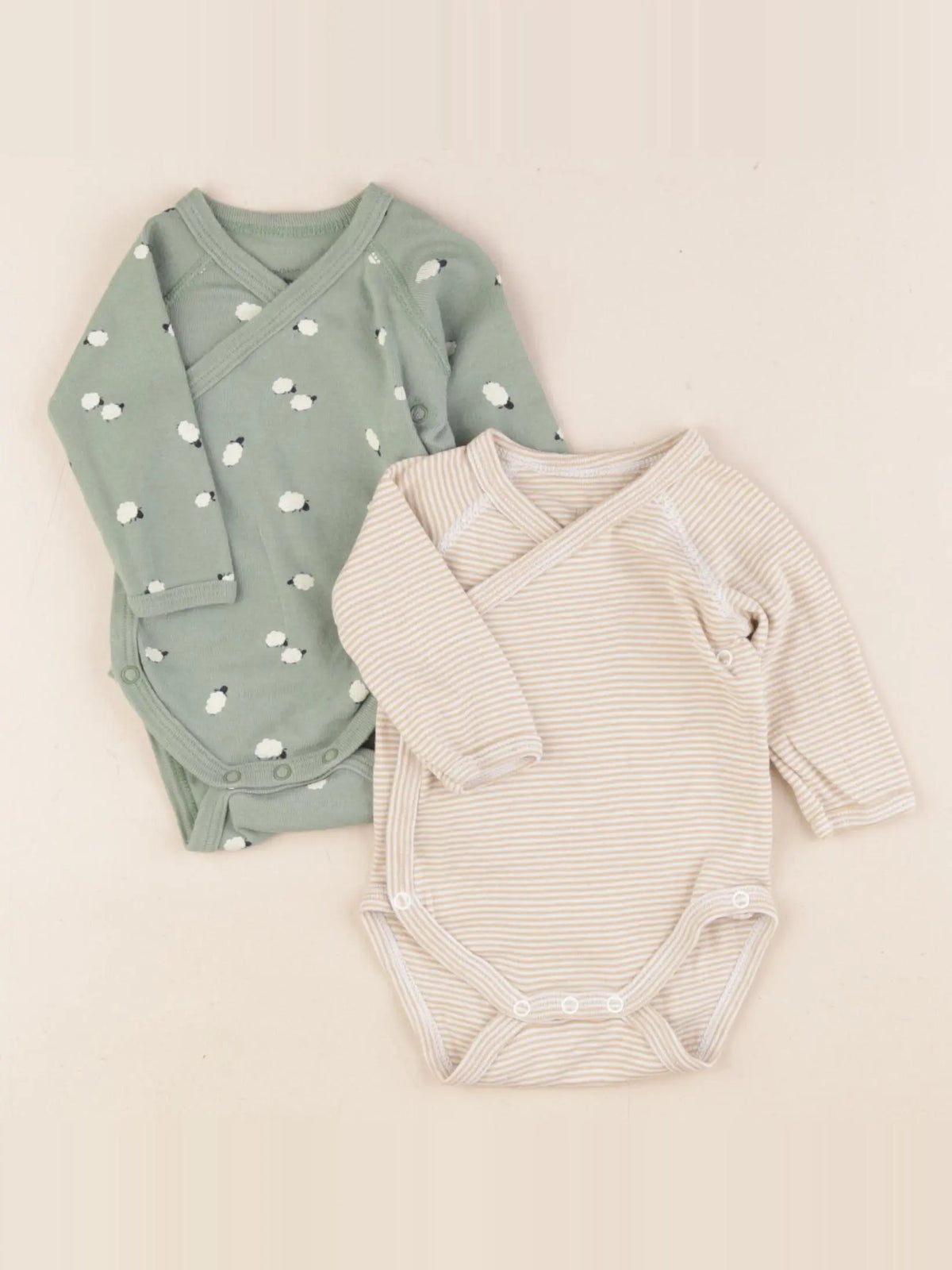 Petit Bateau - lot de 2 bodies en coton beige, vert - 1 mois