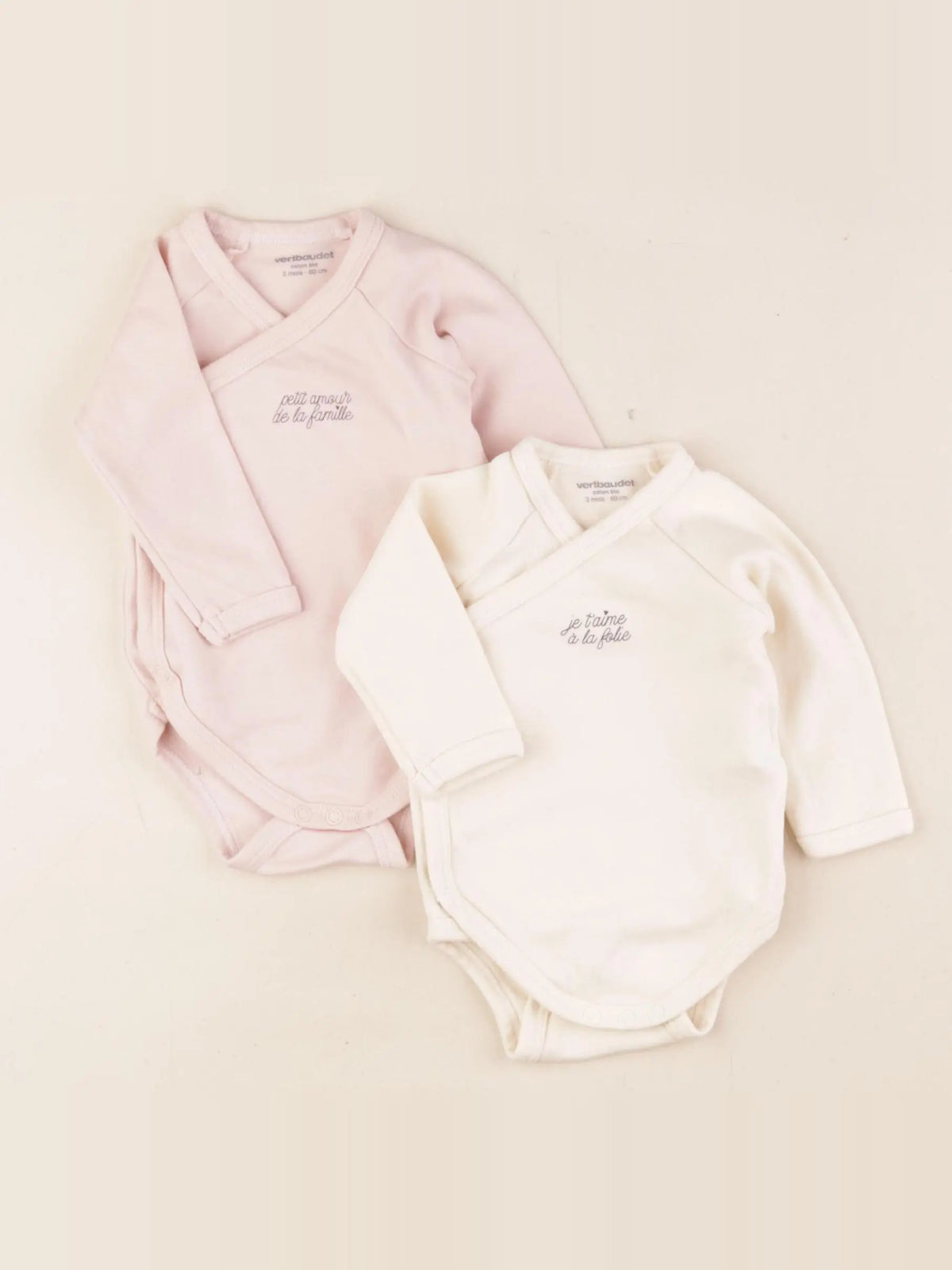 Vertbaudet - lot de 2 bodies en coton beige, rose - 3 mois