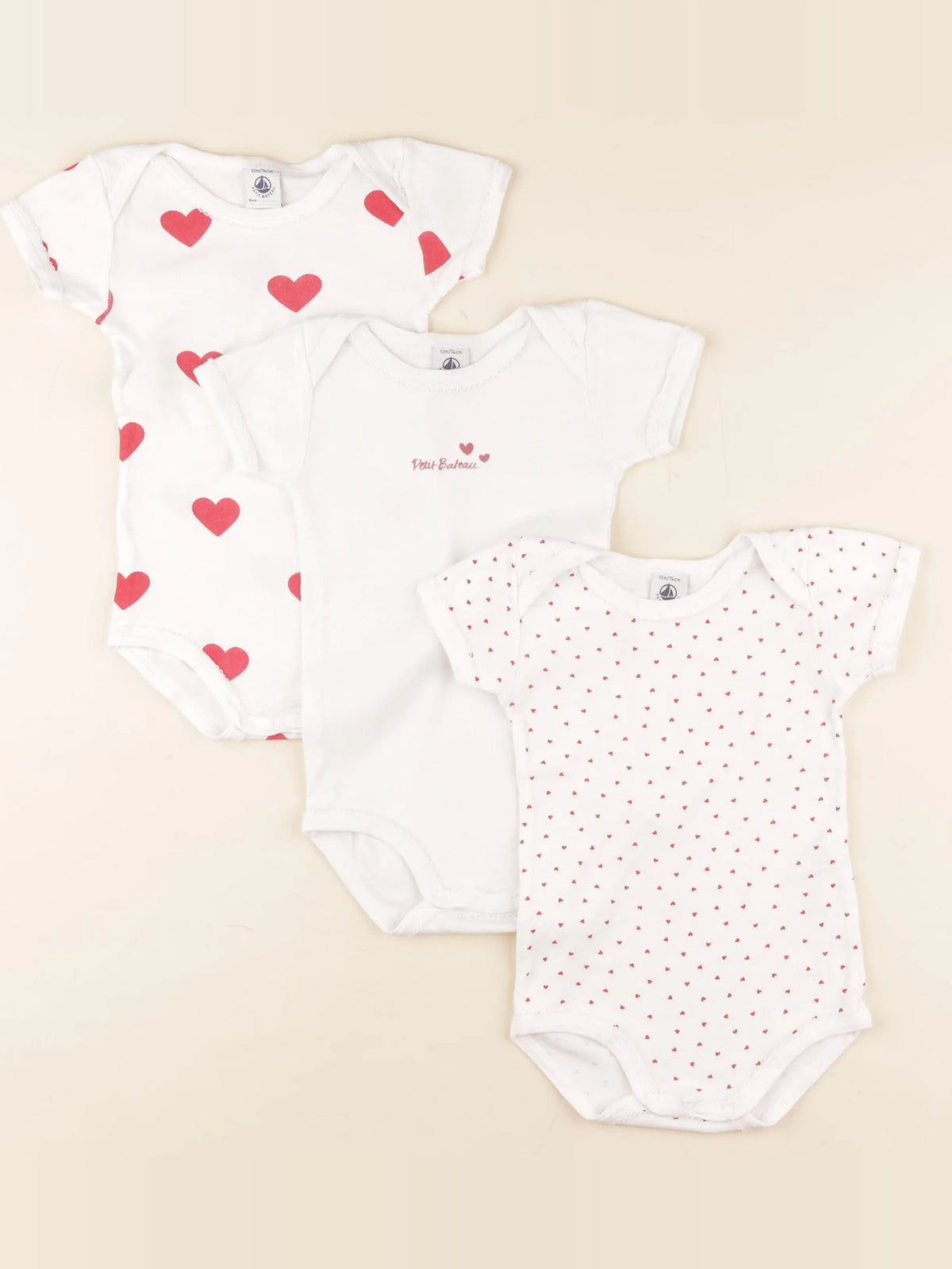Petit Bateau - lot de 3 bodies en coton blanc, rouge - 12 mois
