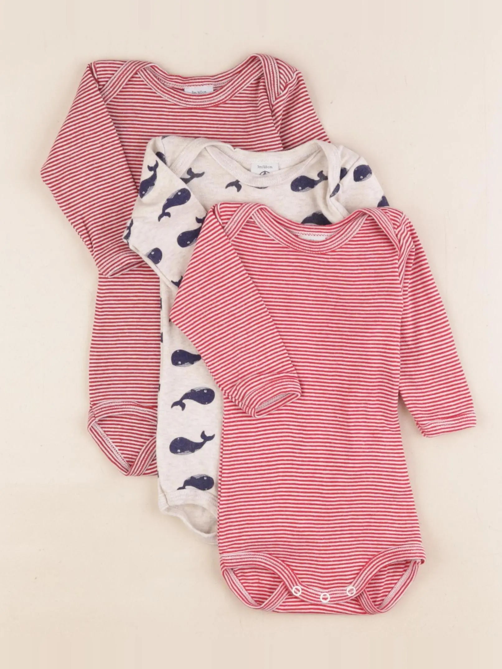 Petit Bateau - lot de 3 bodies en coton blanc, rouge - 3 mois