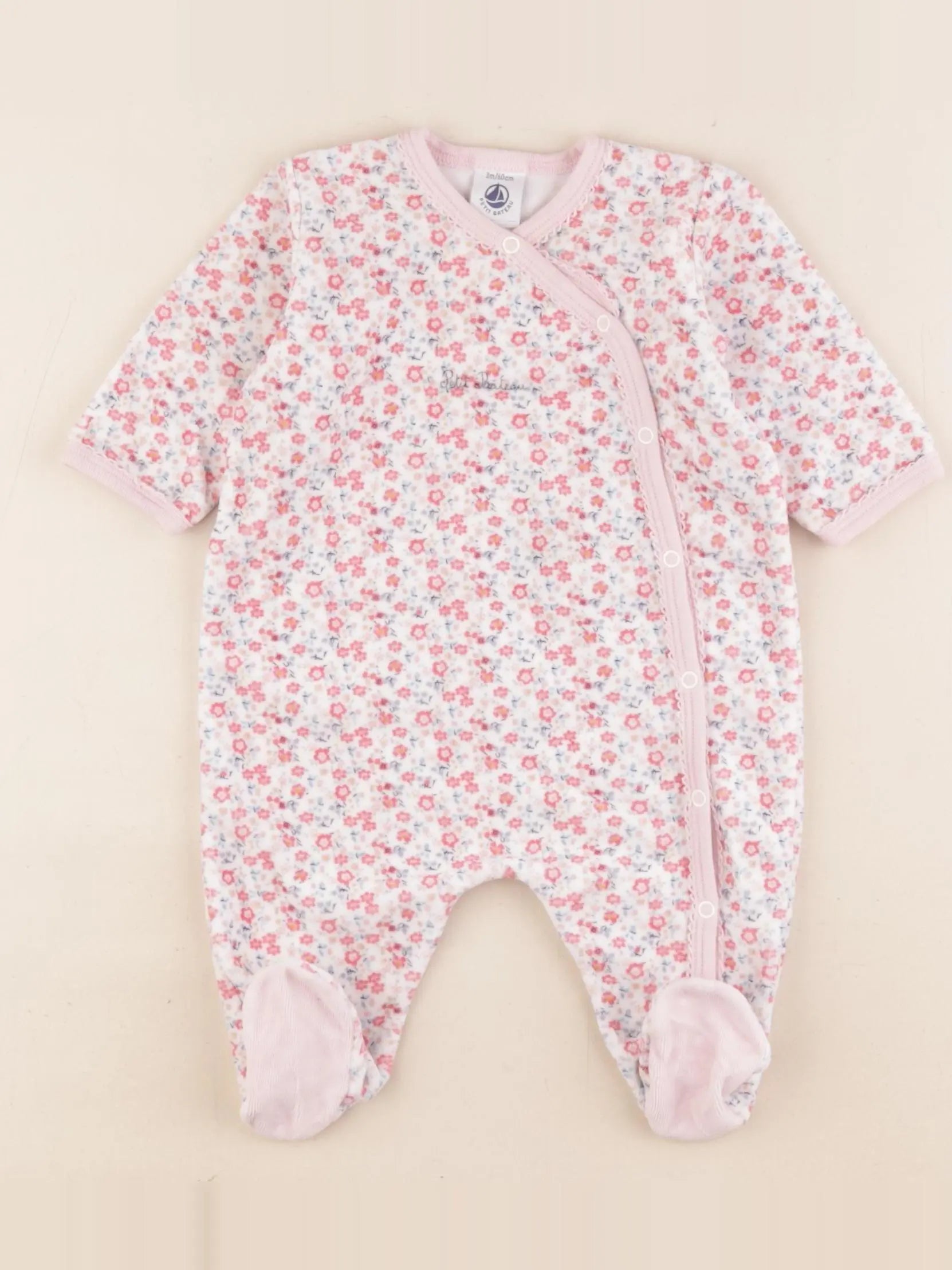 Petit Bateau - pyjama velours blanc, rose - 3 mois