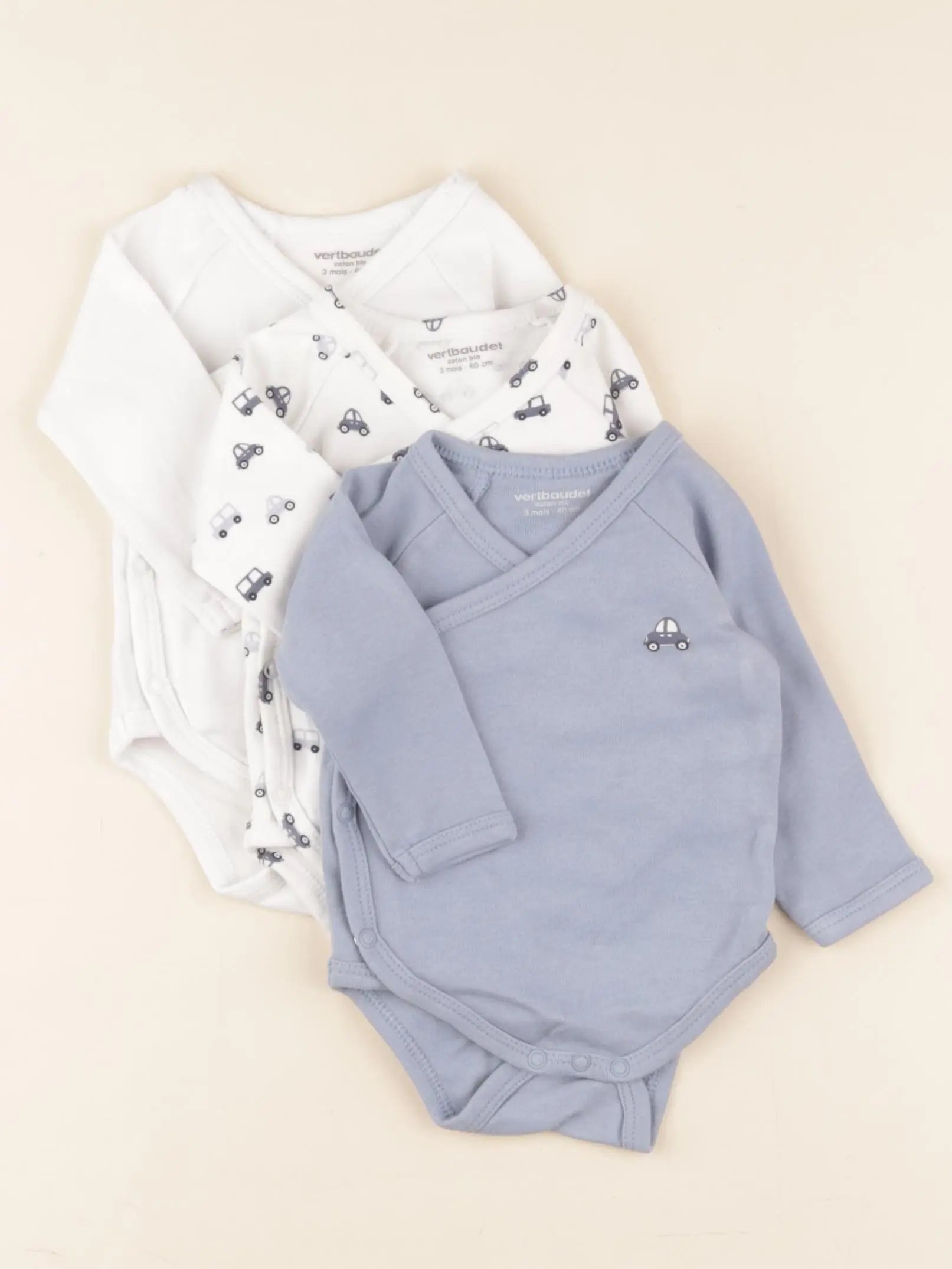 Vertbaudet - lot de 3 bodies en coton bleu, blanc - 3 mois
