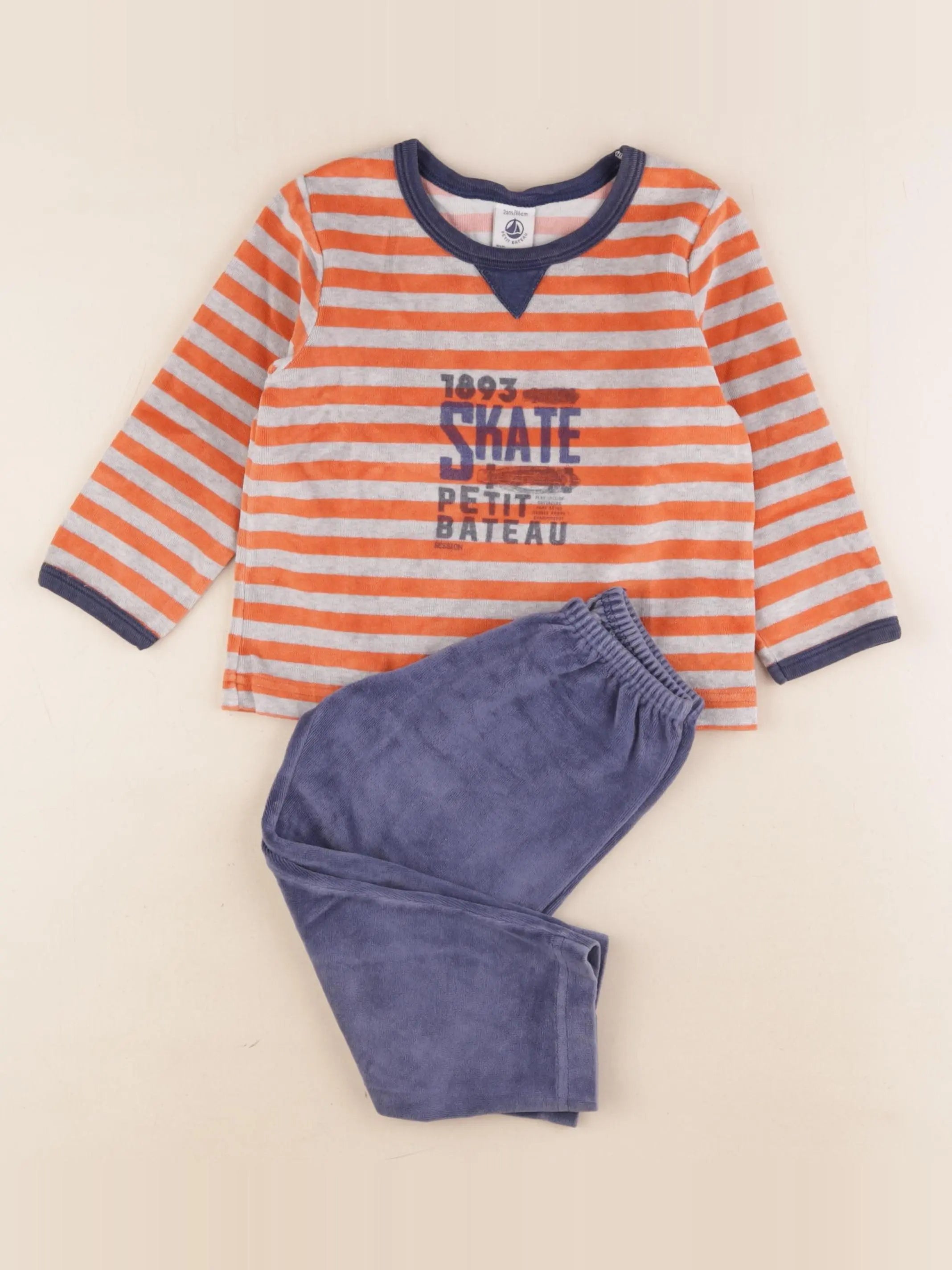 Petit Bateau - pyjama velours bleu, orange - 2 ans