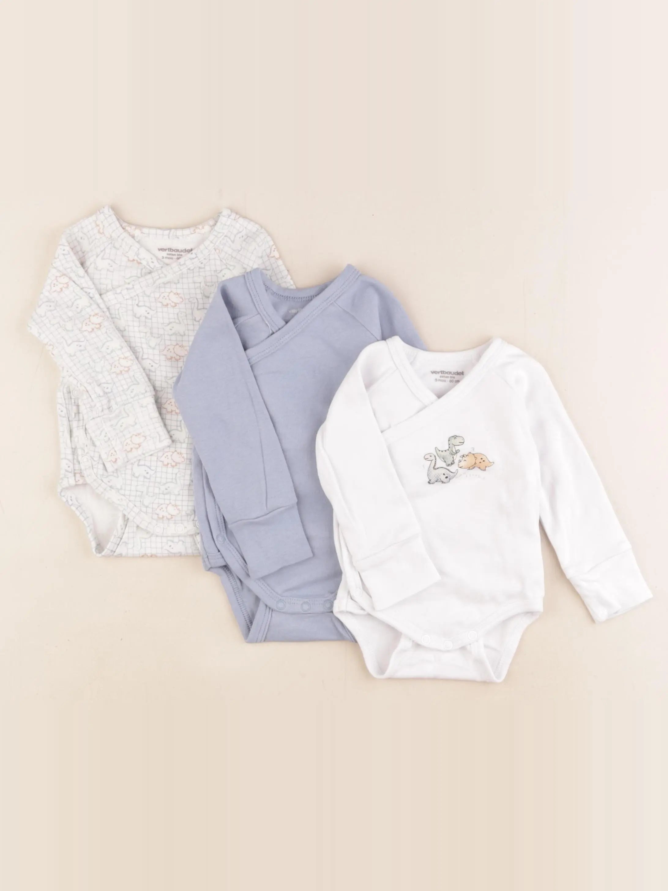 Vertbaudet - lot de 3 bodies en coton blanc, bleu - 3 mois