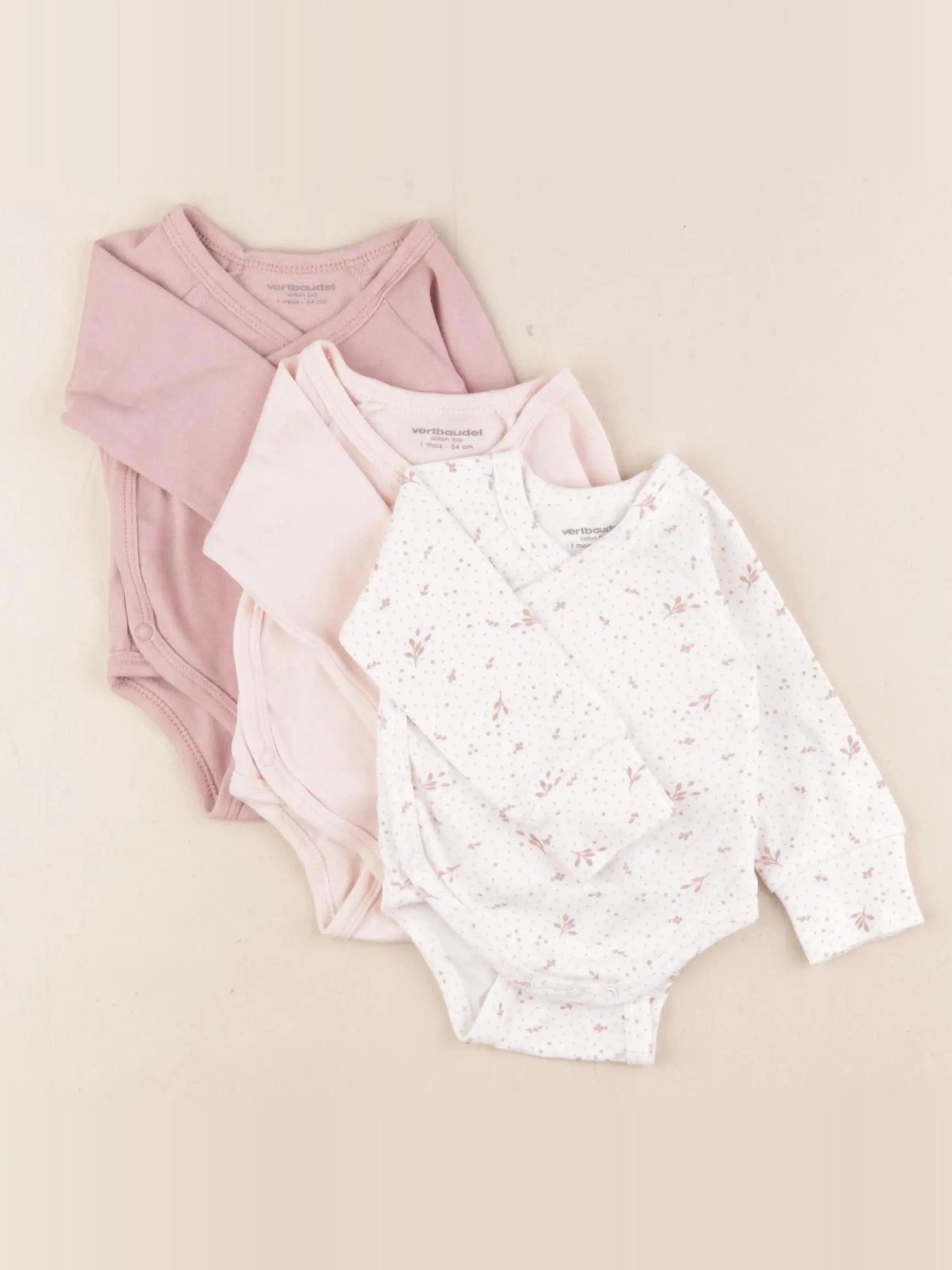 Vertbaudet - lot de 3 bodies en coton blanc, rose - 1 mois
