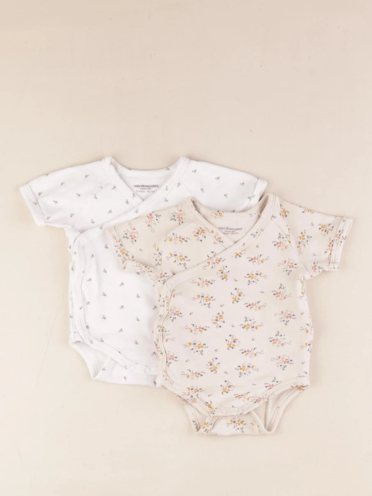 Vertbaudet - lot de 2 bodies en coton blanc, beige - 3 mois