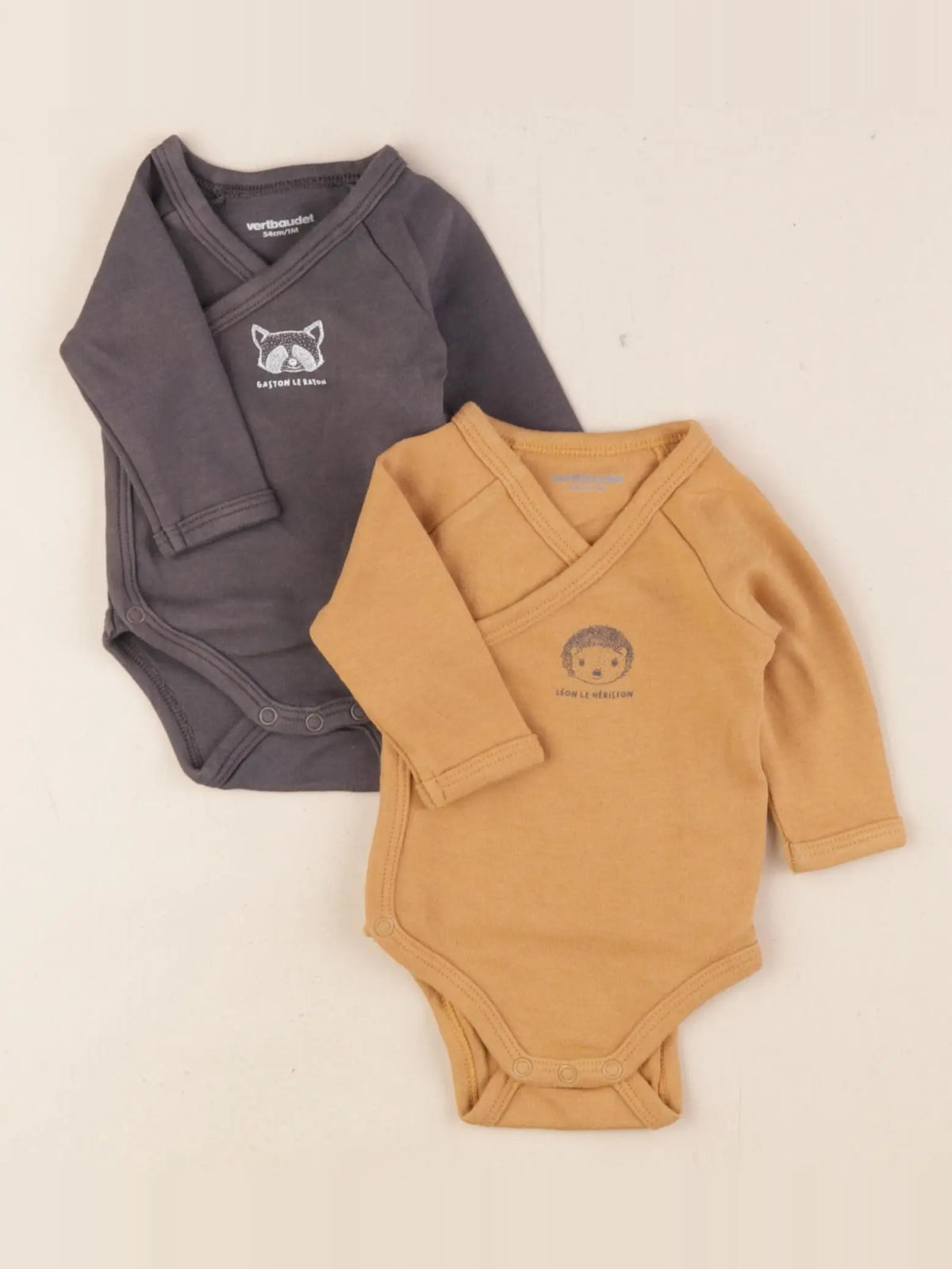 Vertbaudet - lot de 2 bodies en coton marron, taupe - 1 mois