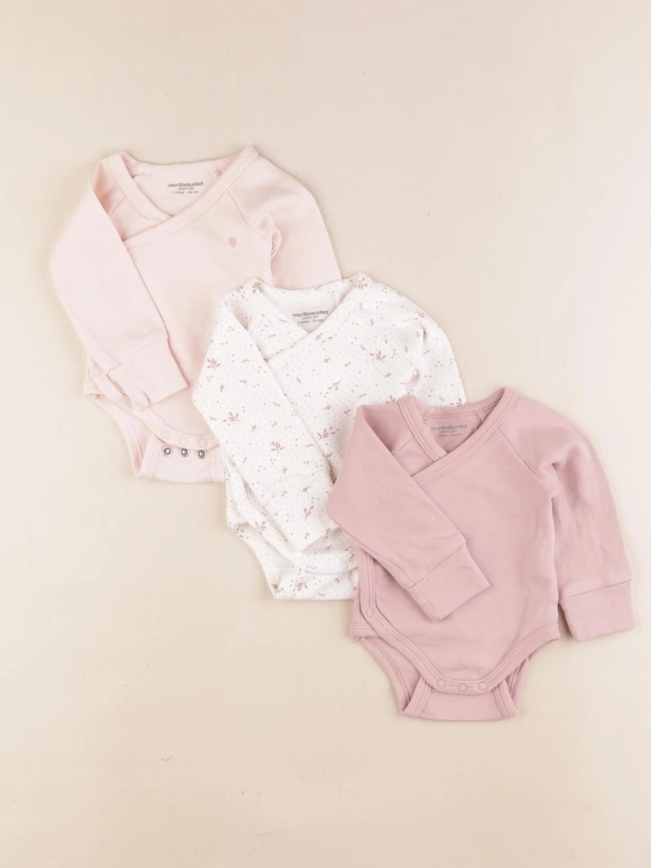 Vertbaudet - lot de 3 bodies en coton rose - 1 mois